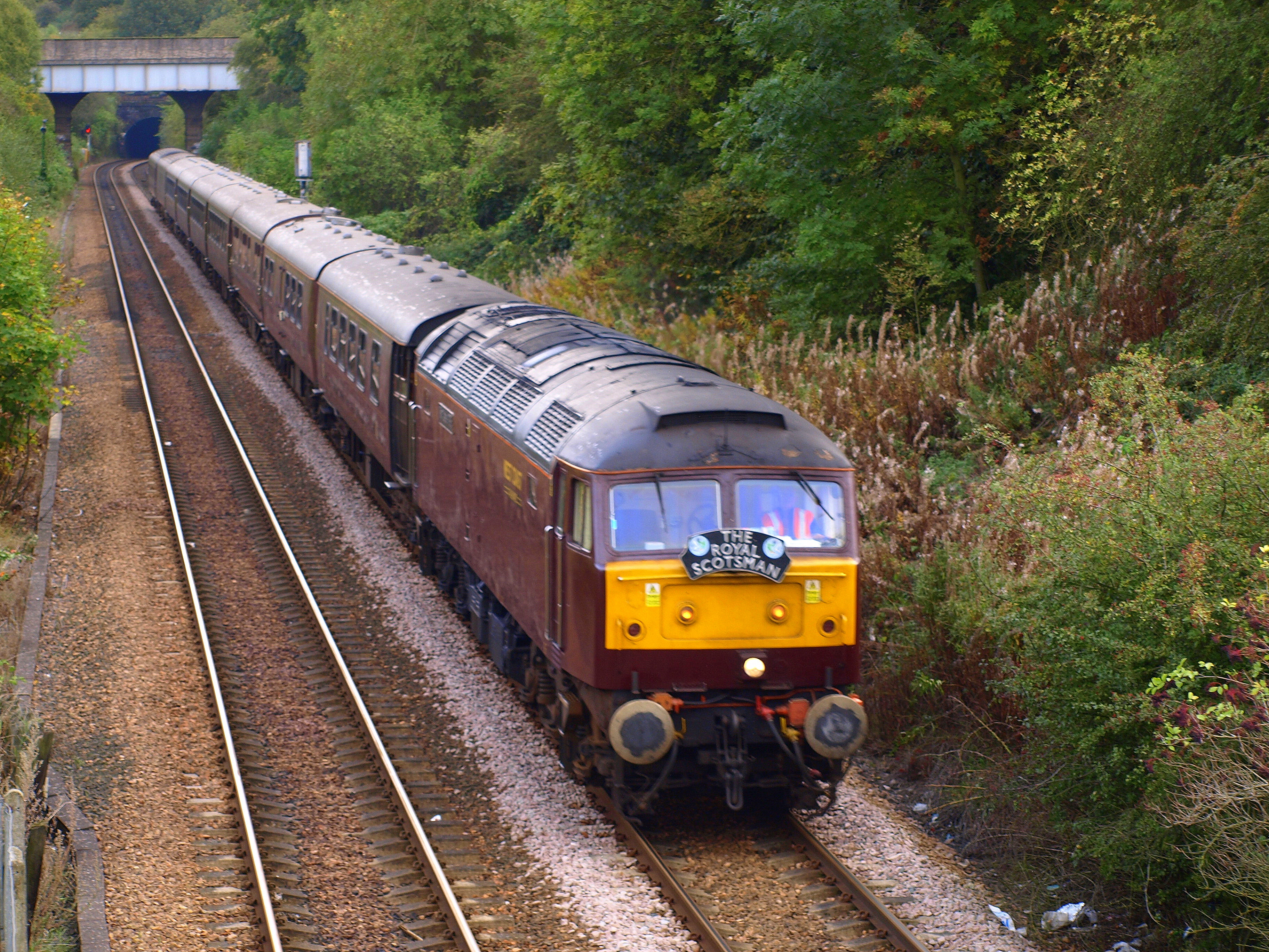 The Royal Scotsman train on the approach to Perth, Scotland.