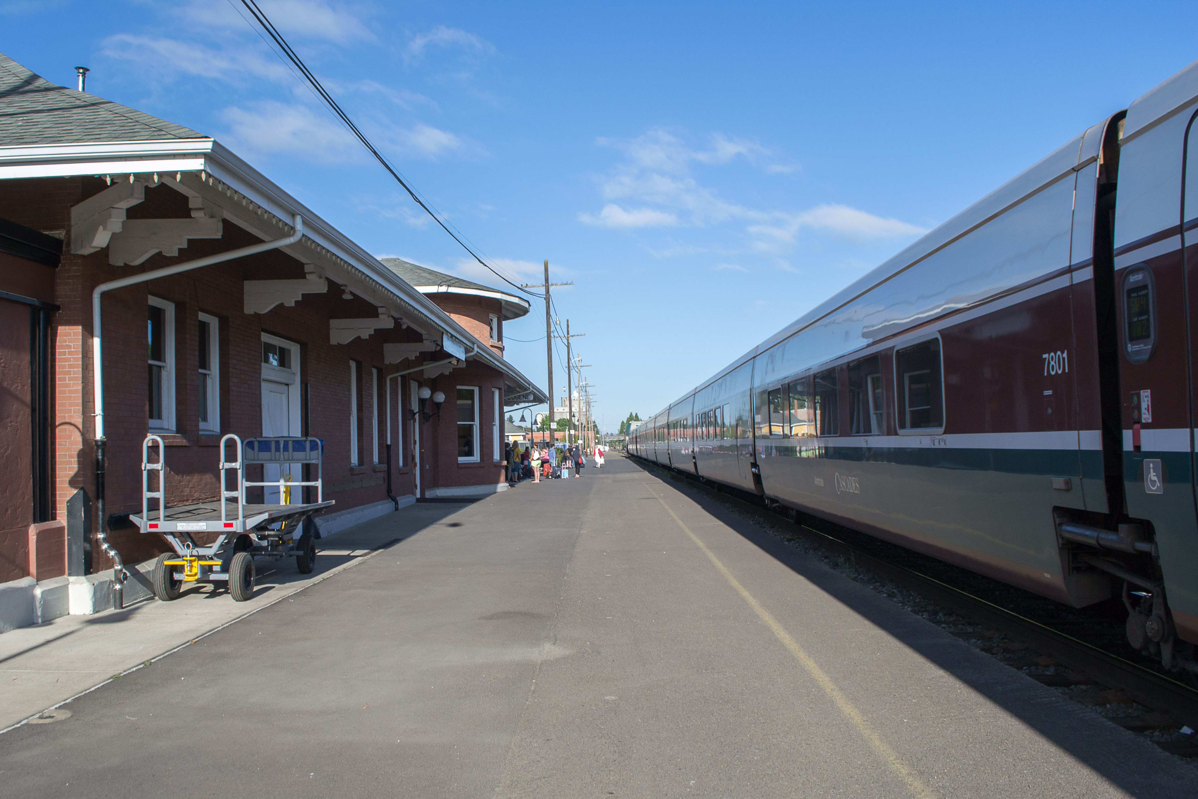 Amtrak Cascades departing Eugene station in Oregon for points north toward Vancouver, British Columbia.