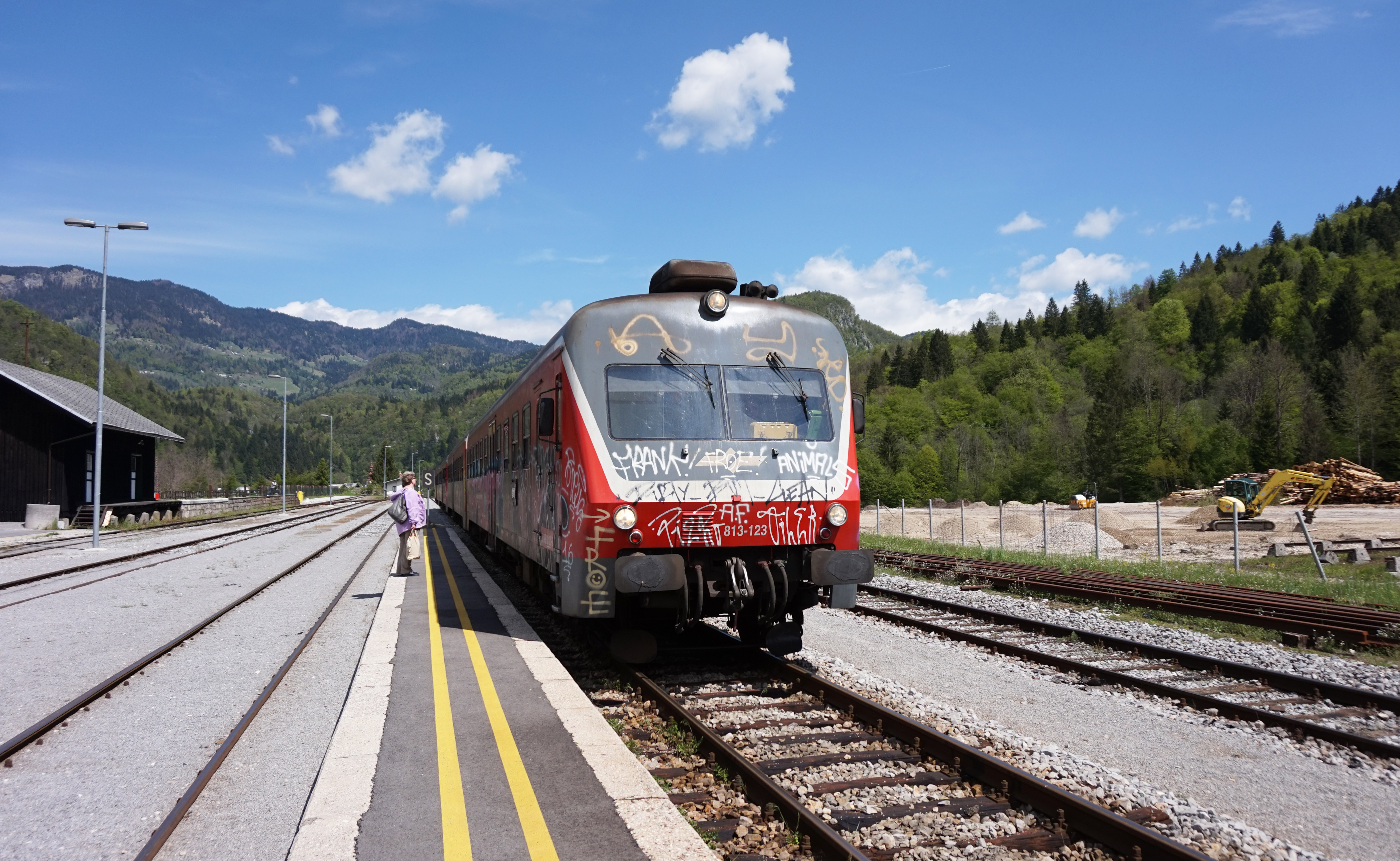 A Slovenian Railways passenger train at Bohinjska Bistrica station on the Bohinj Railway.