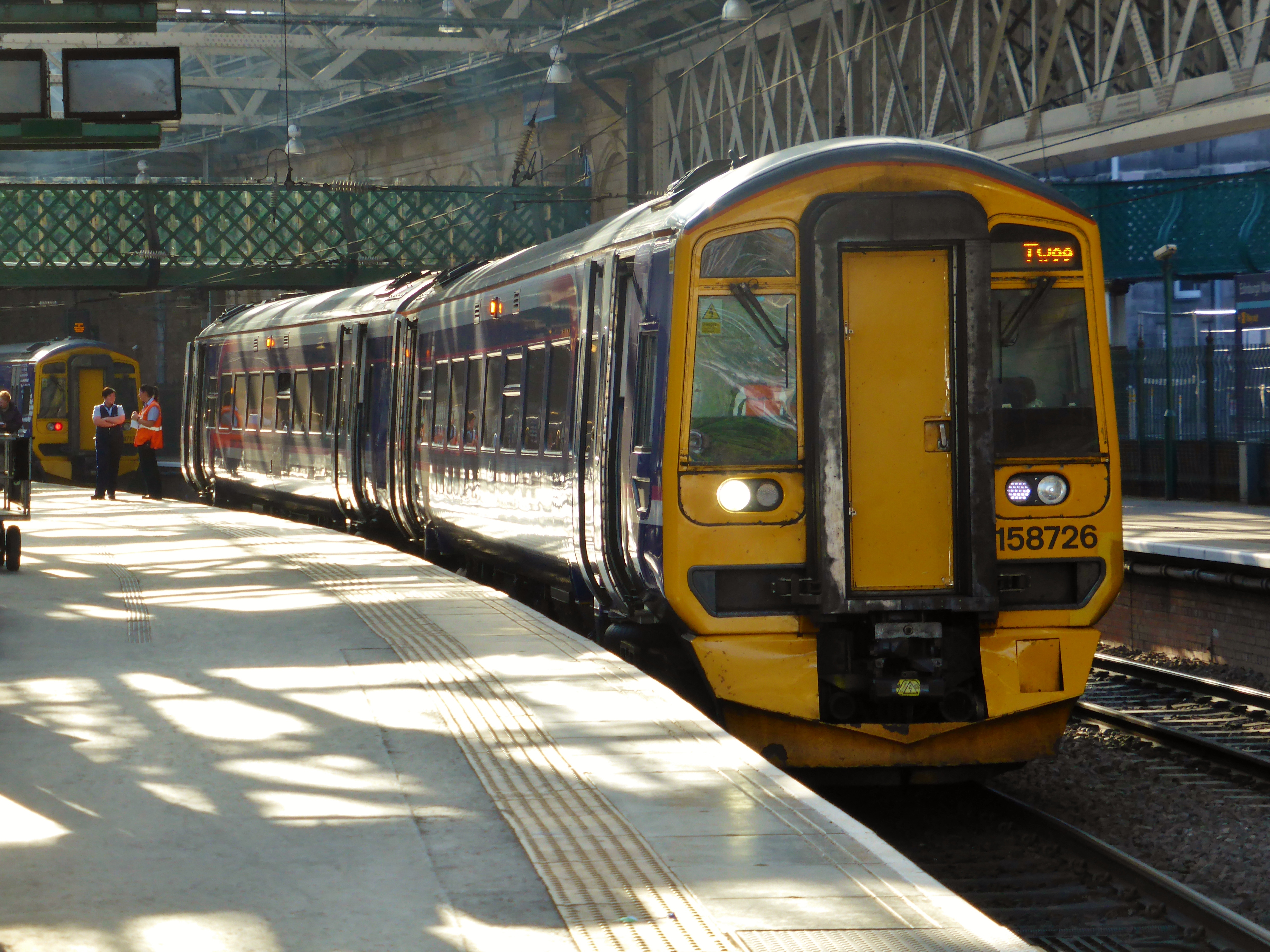 ScotRail Class 158 operating an Edinburgh Waverley to Tweedbank service on the Borders Railway in Scotland.