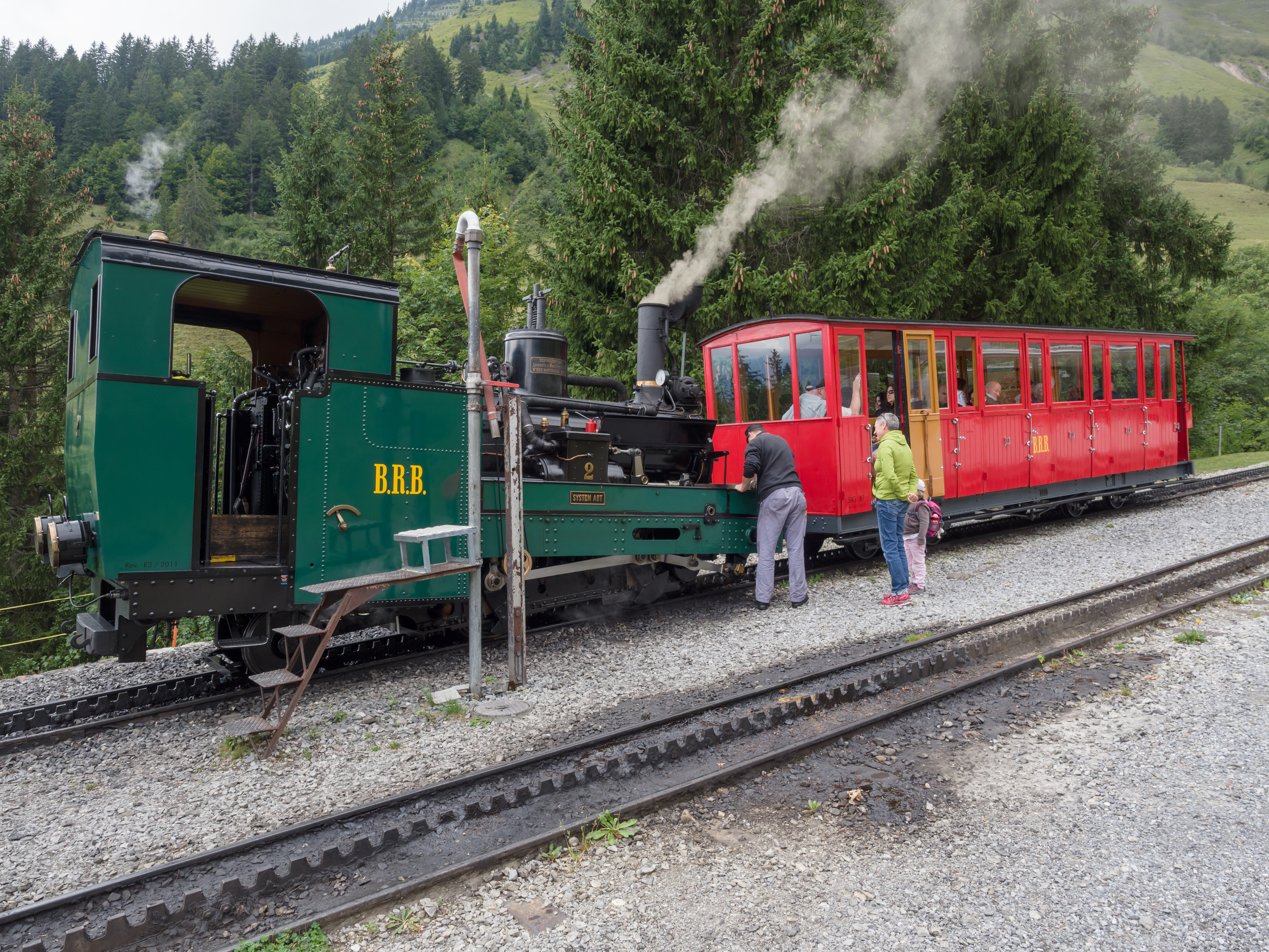 A steam train of the Brienz Rothorn Railway stopped at Planalp station in Switzerland.