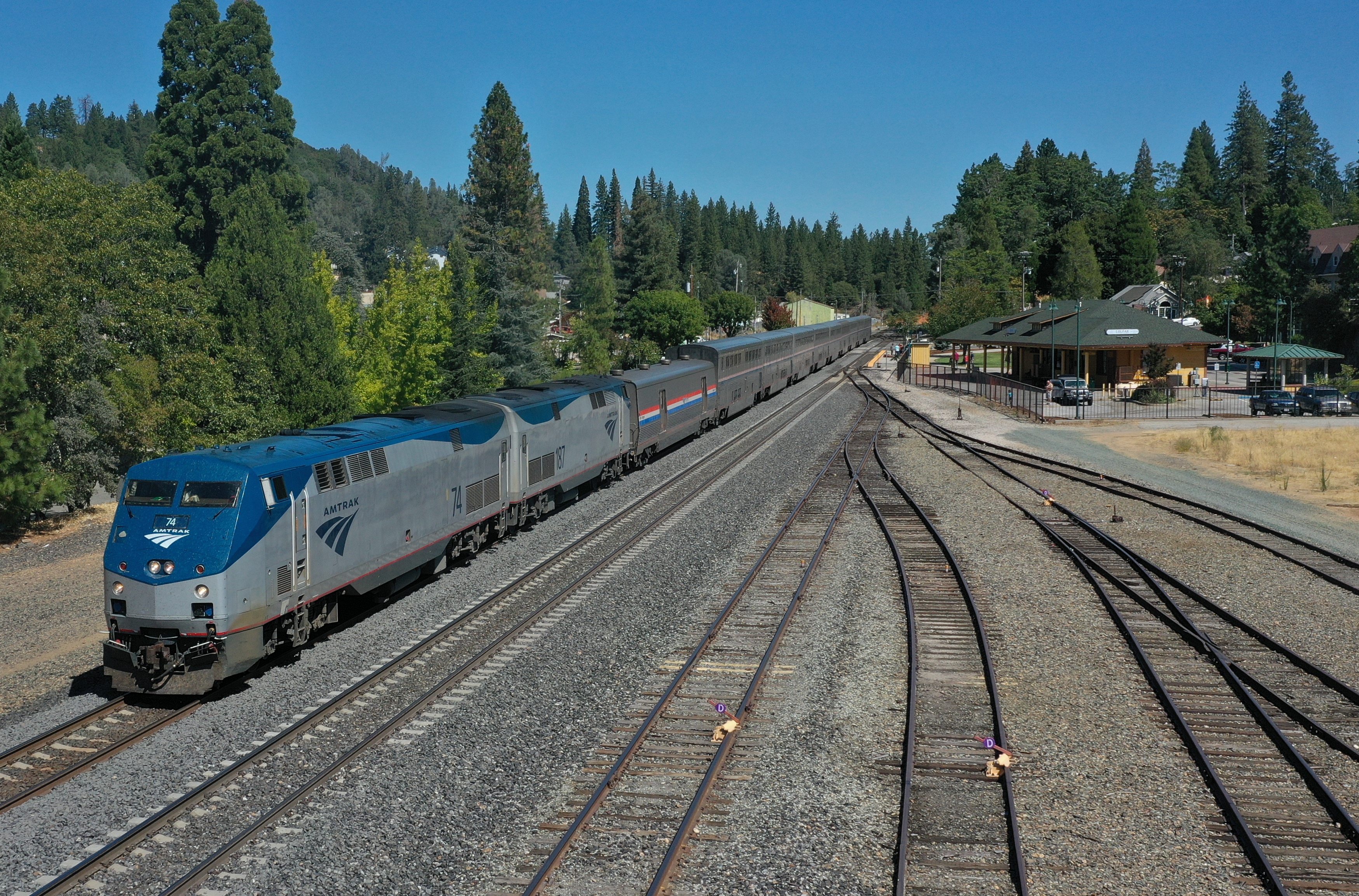 Westbound Amtrak California Zephyr stopping at Colfax station in California.