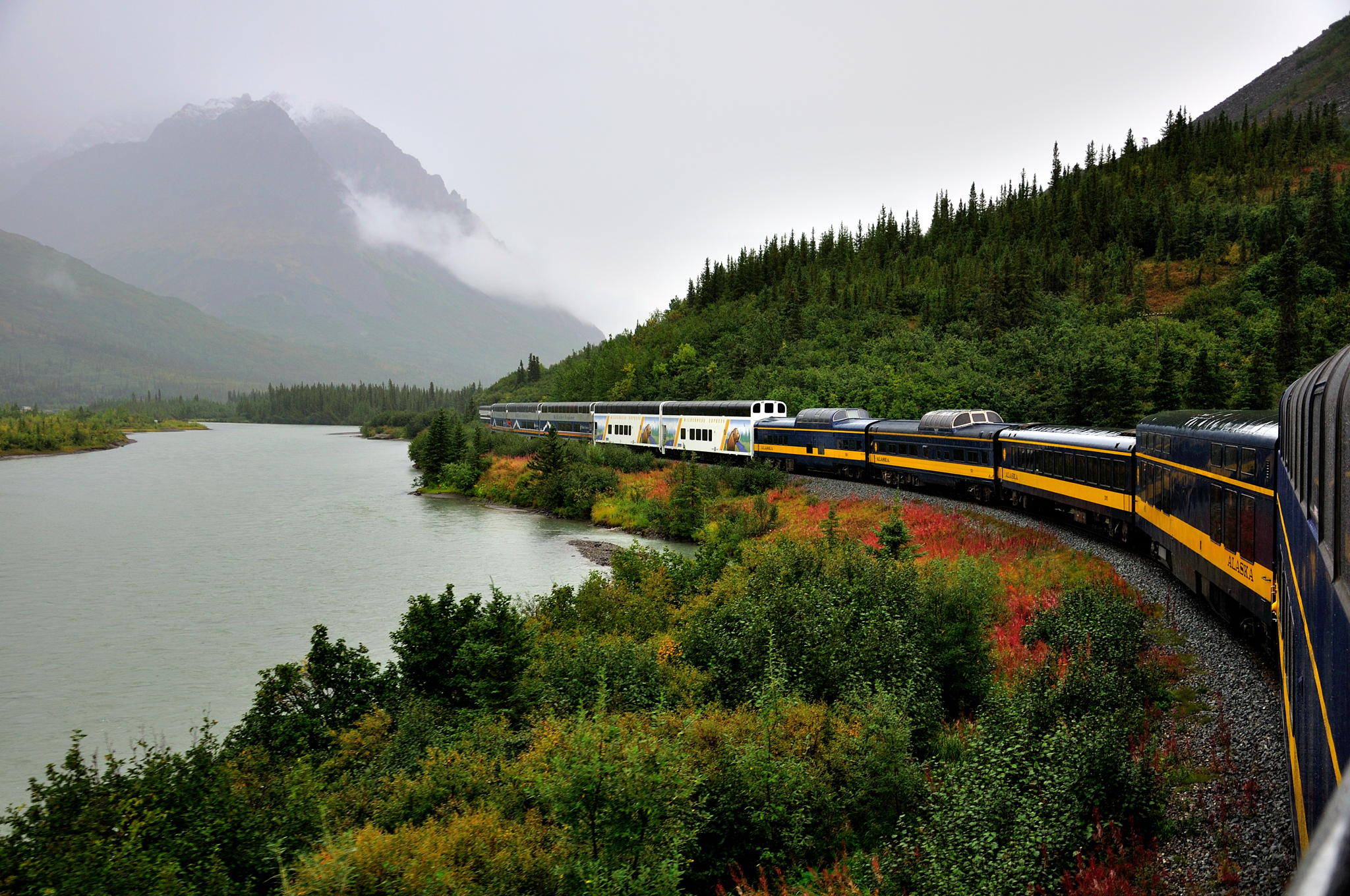 Alaska Railroad Denali Star rounding a curve near Denali, Alaska.