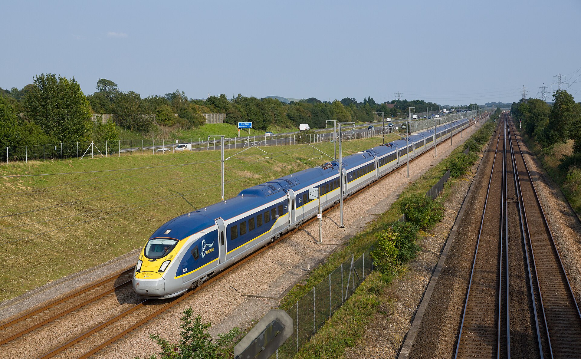 A Eurostar Class 374 trainset running on High Speed 1 between London and the Channel Tunnel.