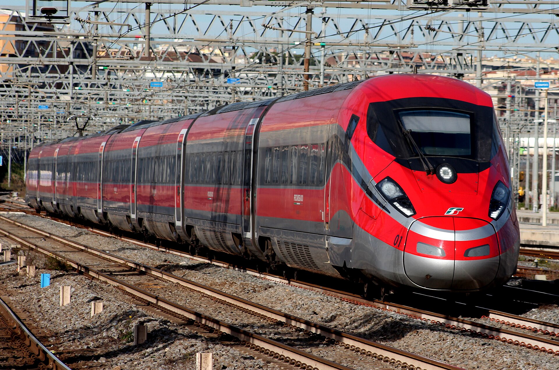 A Frecciarossa 1000 (ETR 400) trainset at a Rome station.
