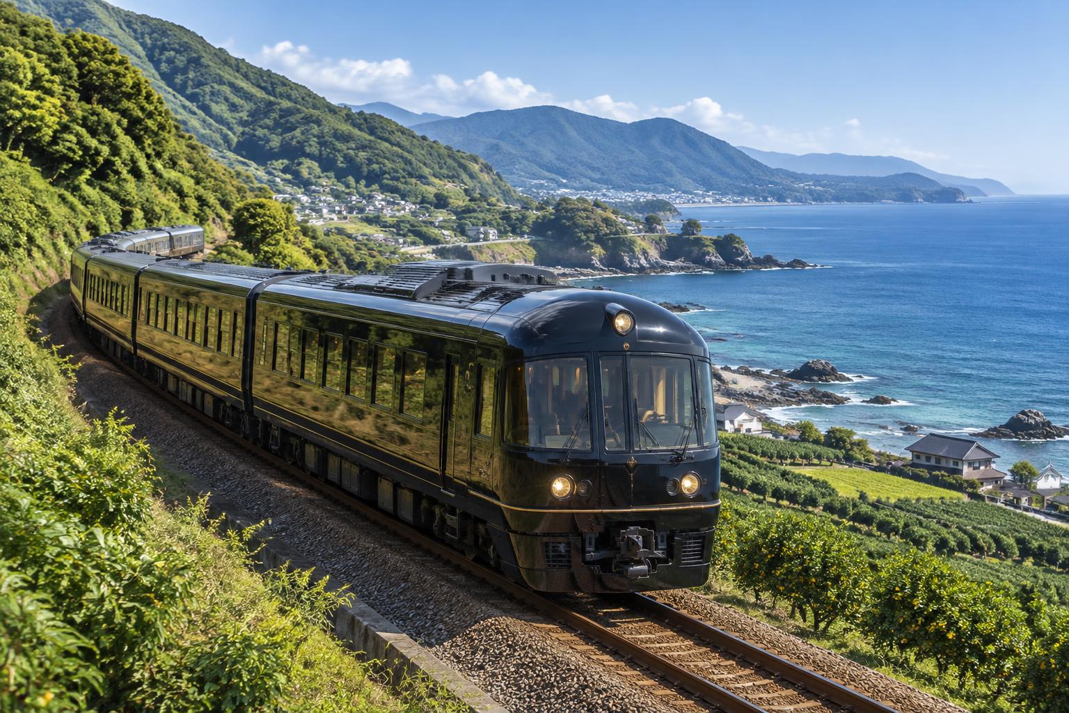 Unbranded black sightseeing train following the Kyushu coast in Oita Prefecture.