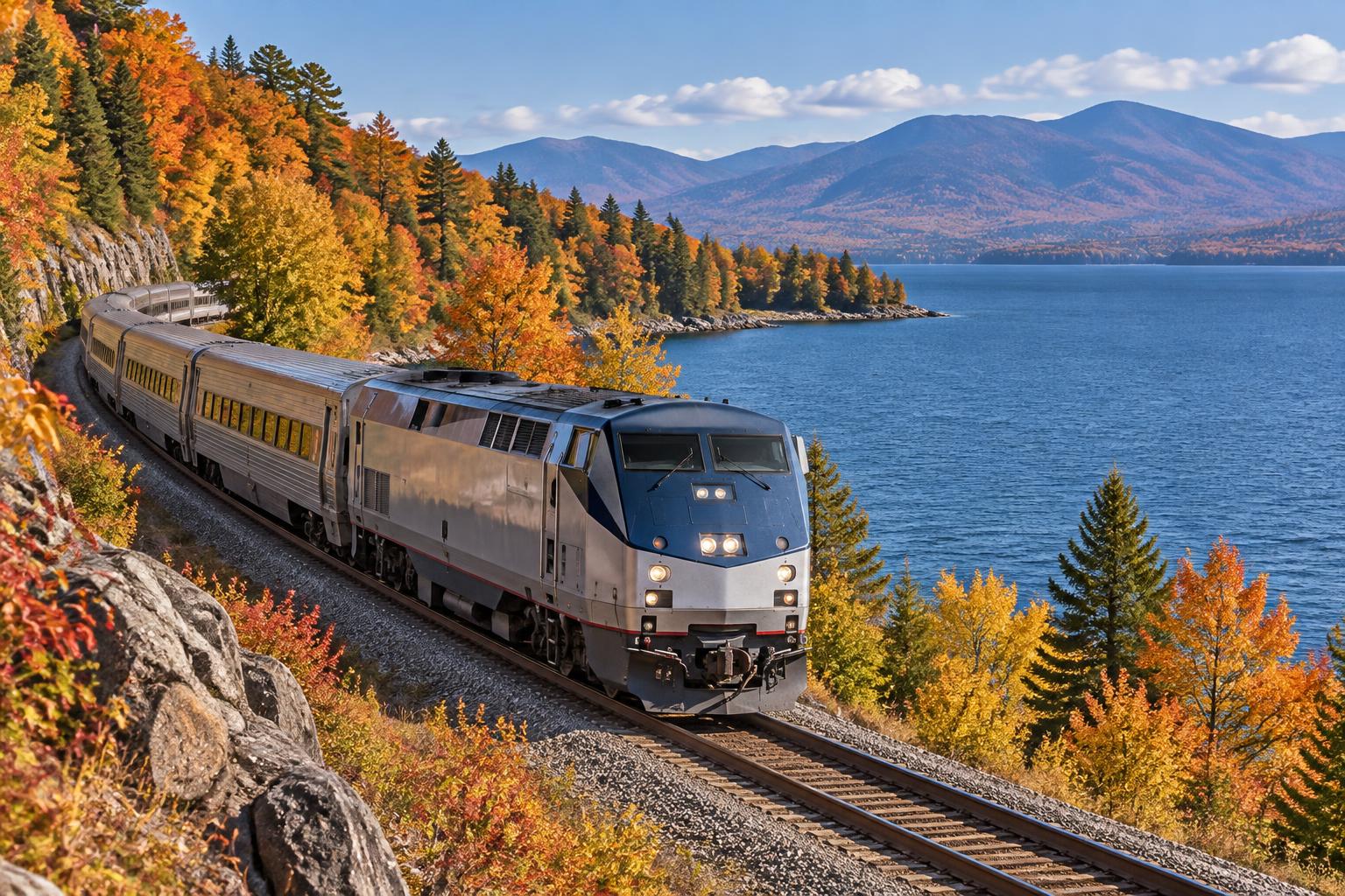 Unbranded passenger train beside Lake Champlain in autumn on the Adirondack route.