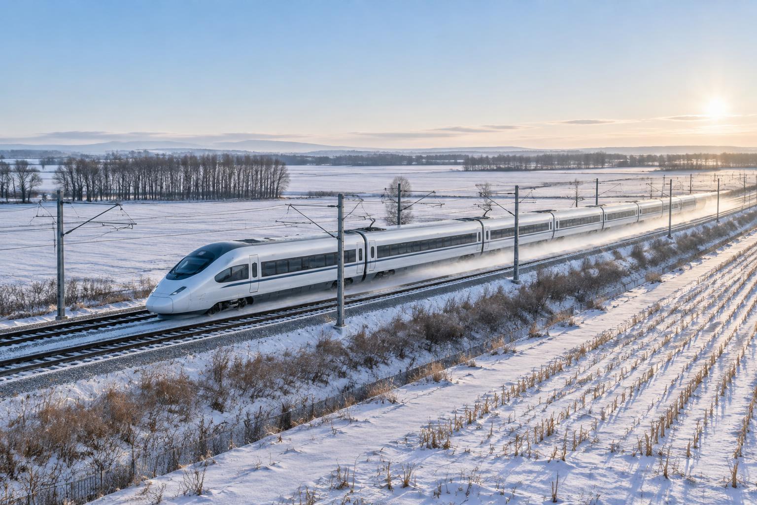 Modern high-speed train crossing snow-covered northeast China plains between Changchun and Harbin.