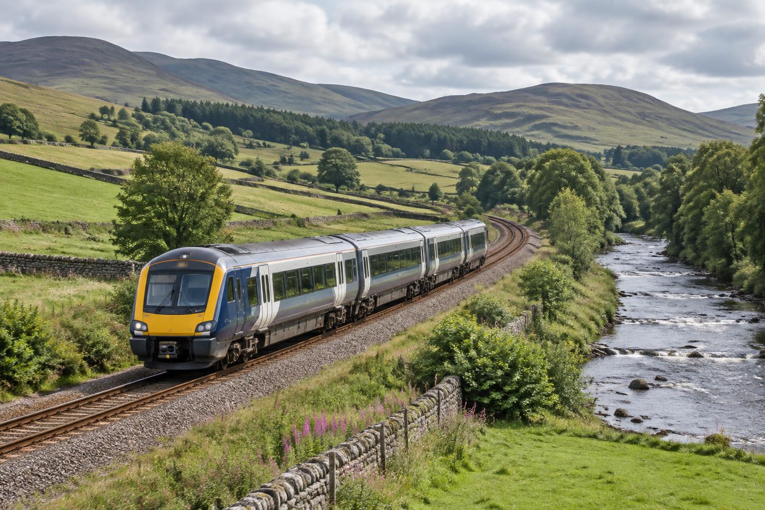 Unbranded regional passenger train beside a river in the rolling Scottish Borders.
