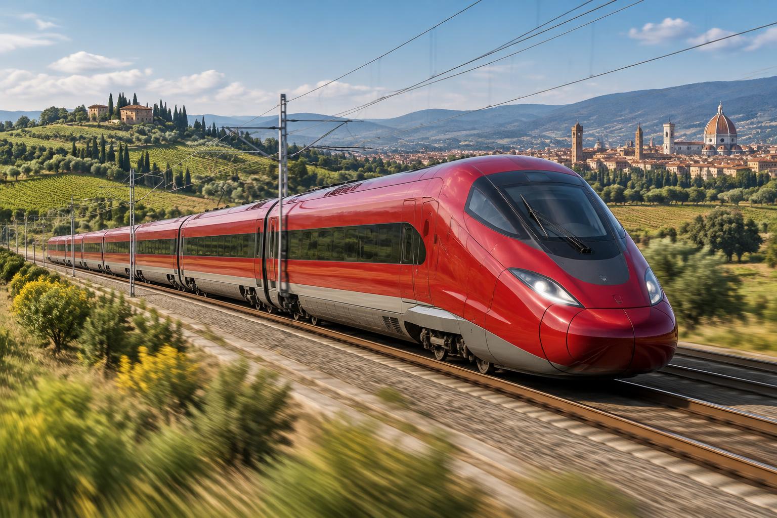Unbranded red high-speed train crossing the Florence-area countryside on the Rome–Milan corridor.