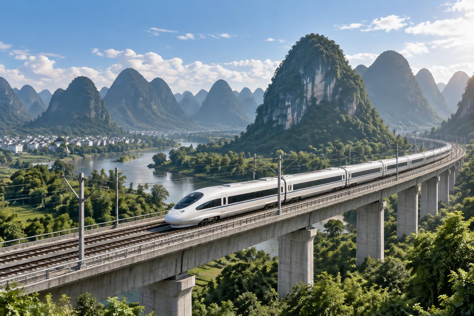 Modern high-speed train in the karst landscape near Guilin on the Guiyang–Guangzhou corridor.