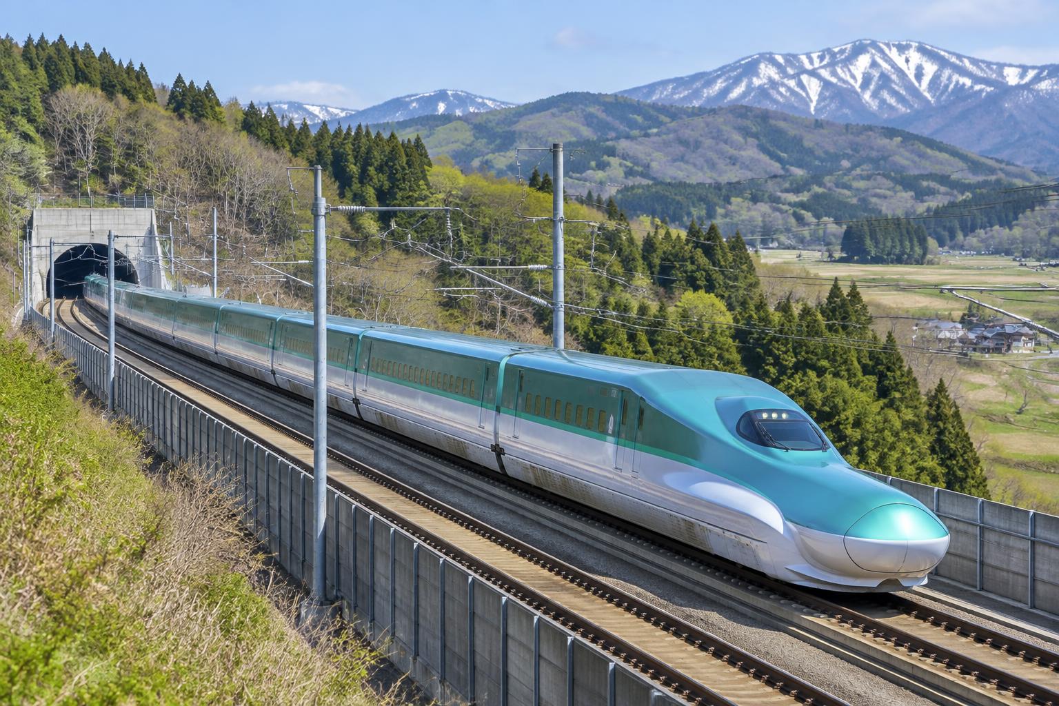 Unbranded green-and-white high-speed train in the wooded landscape of southern Hokkaido.