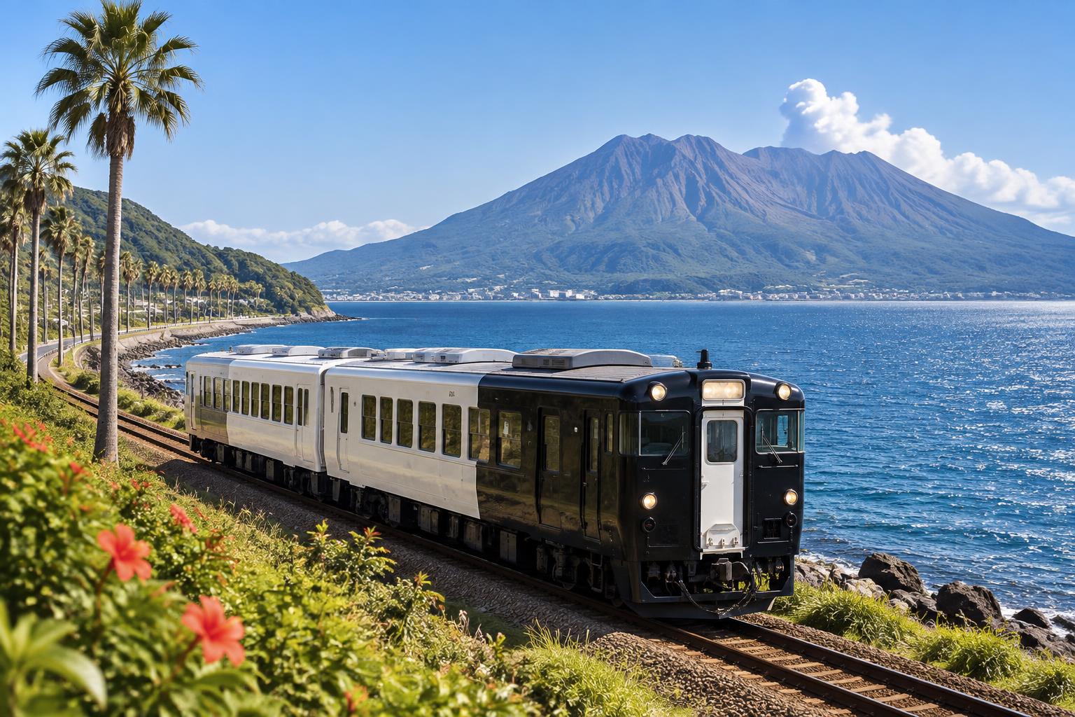 Black-and-white sightseeing train beside Kagoshima Bay with Sakurajima beyond.