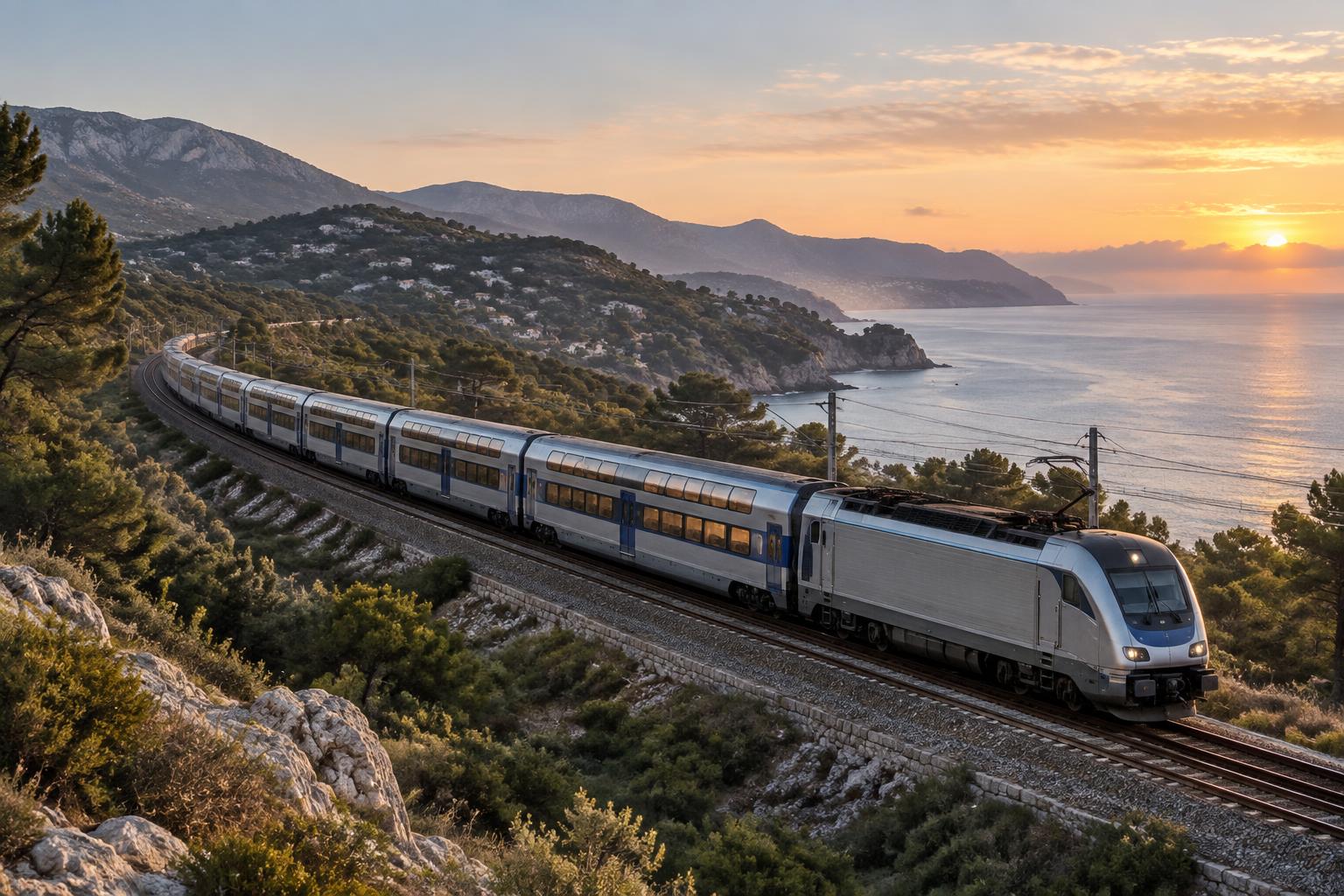 Unbranded overnight passenger train approaching the Mediterranean coast at dawn.