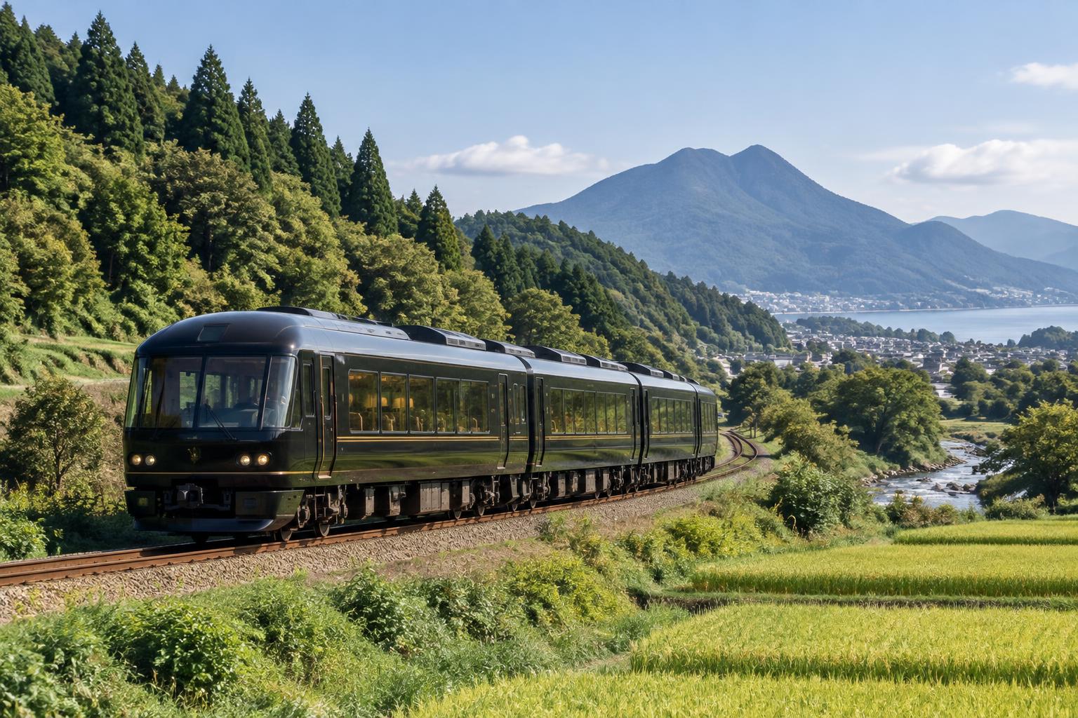 Editorial illustration of an unbranded dark sightseeing train travelling through the green countryside of northern Kyushu.