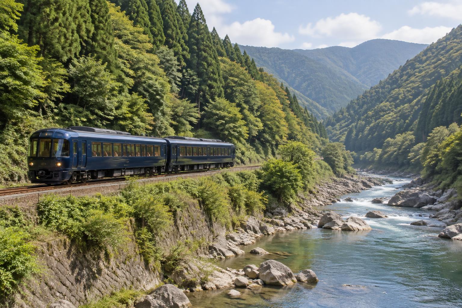 Unbranded dark-blue sightseeing train beside the Kuma River in forested Kyushu.