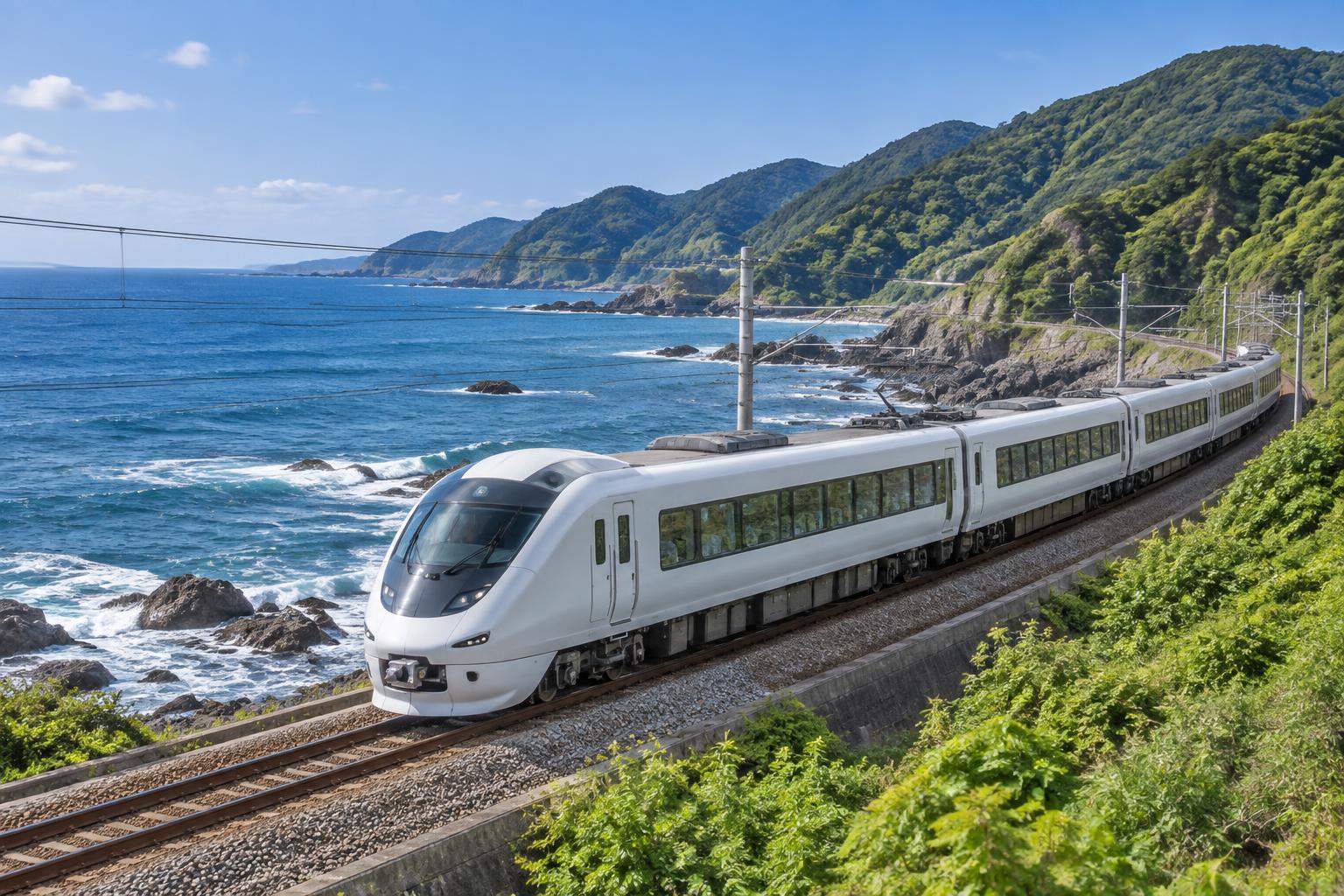 Editorial illustration of an unbranded limited-express train beside the Pacific coast of the Kii Peninsula.