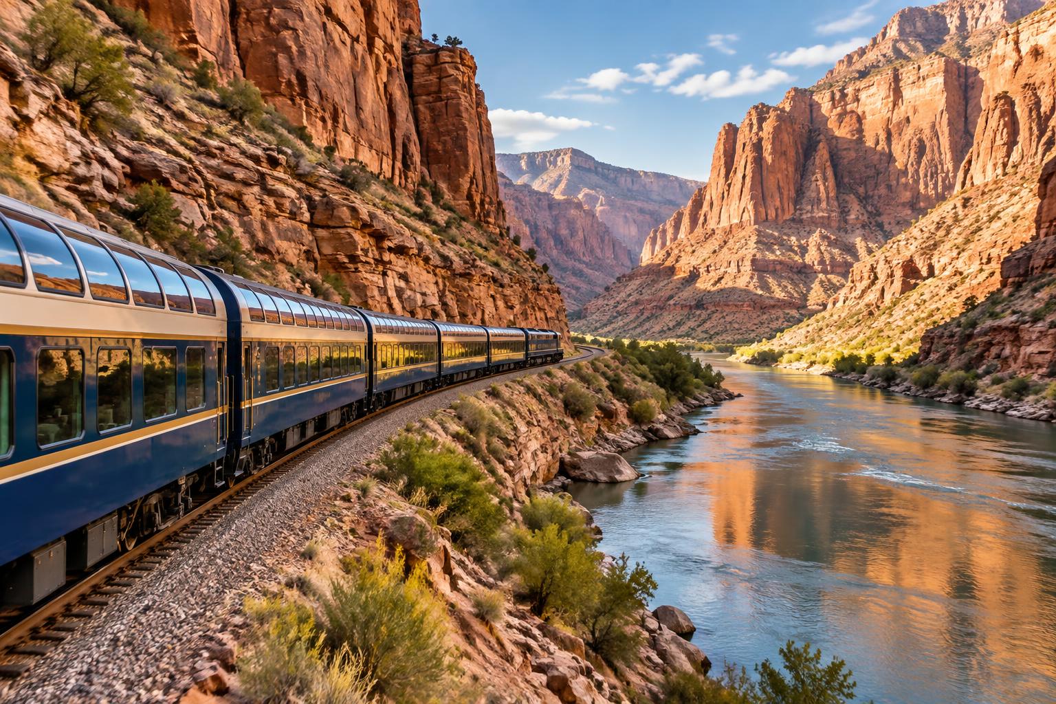 Daylight glass-dome sightseeing train beside the Colorado River in red-rock canyon country.