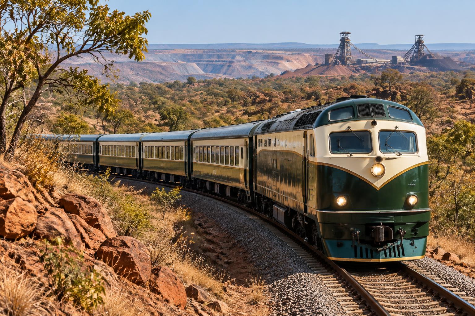 Unbranded luxury passenger train travelling through Copperbelt woodland and mining country.