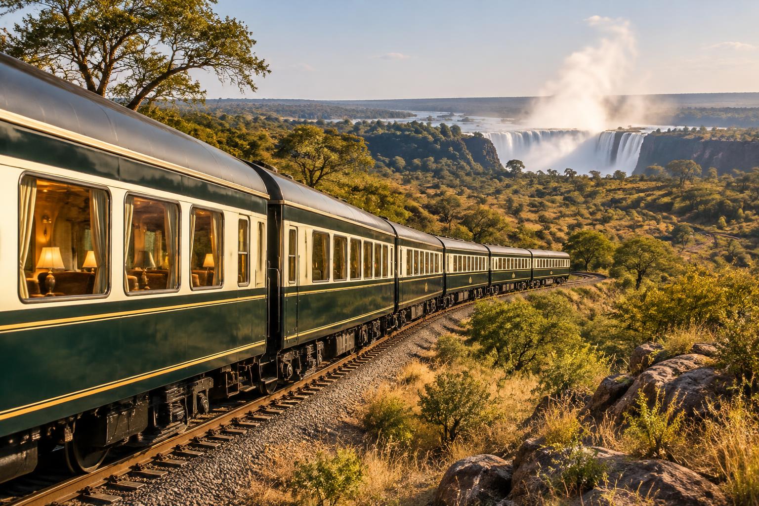 Unbranded luxury passenger train crossing Zimbabwean bushveld near the Victoria Falls region.