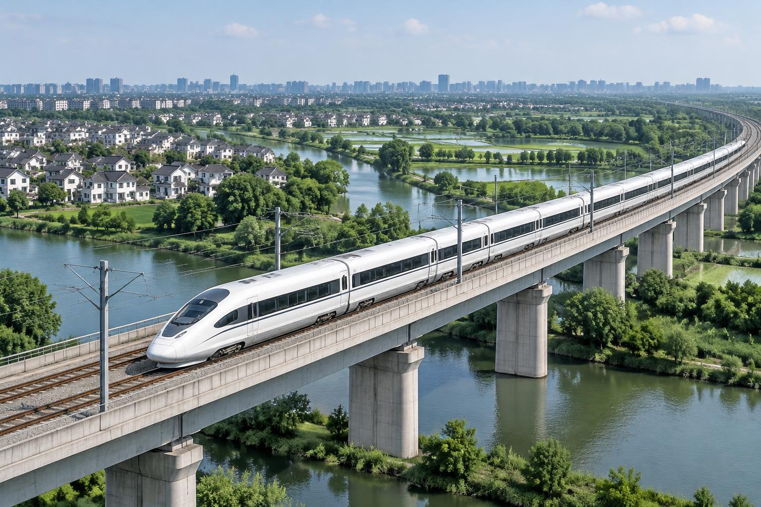 Unbranded modern high-speed train crossing Jiangnan waterways on the Shanghai–Hangzhou corridor.