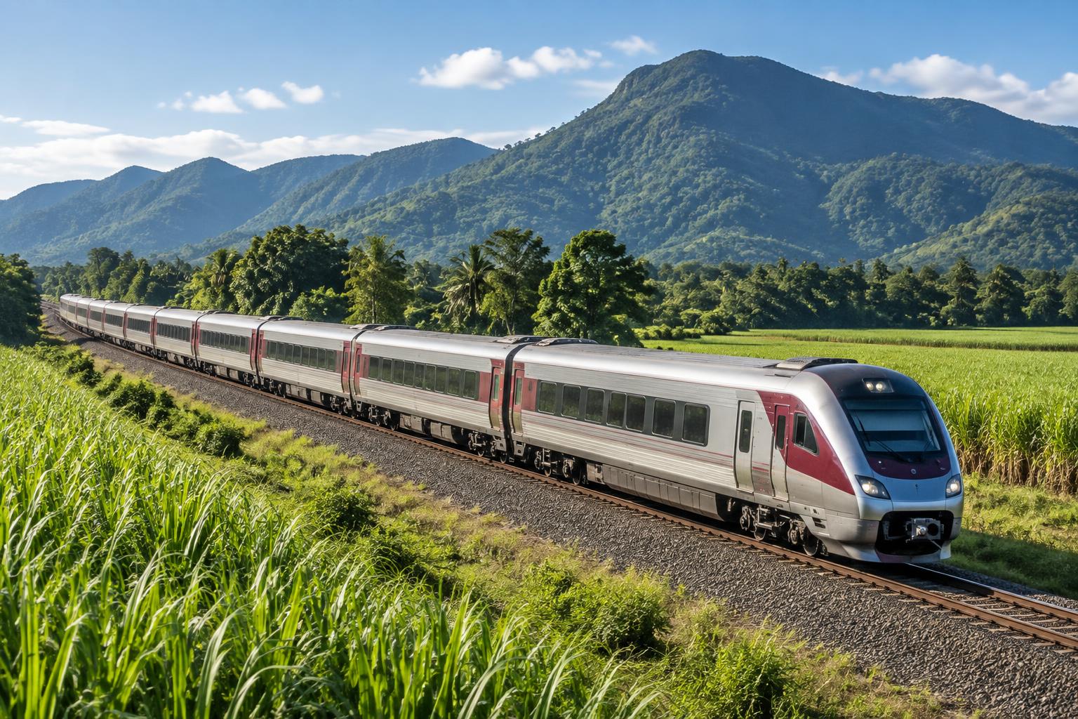 Unbranded long-distance passenger train passing cane fields and tropical ranges in North Queensland.