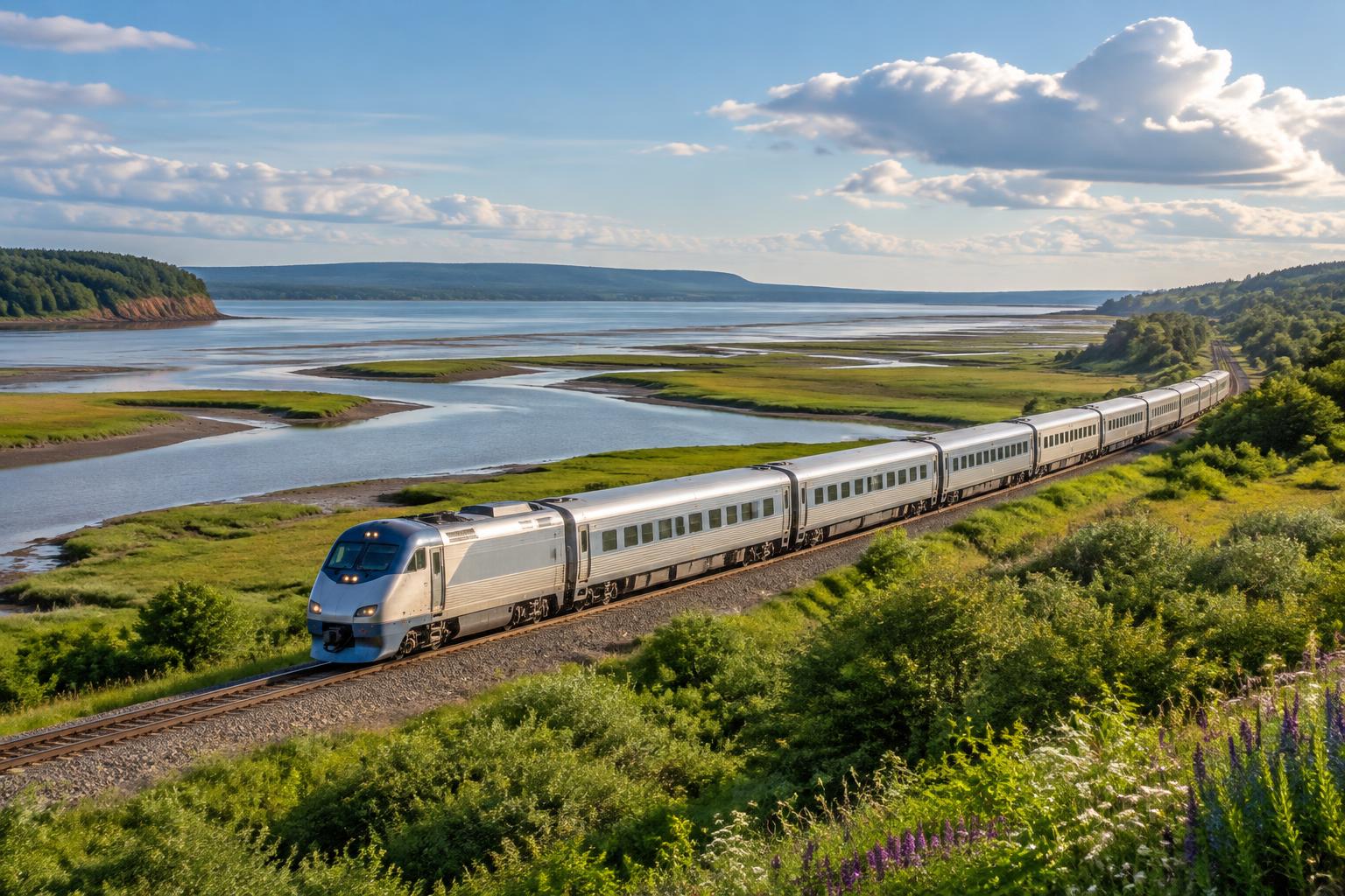 Silver overnight passenger train crossing Atlantic Canadian coastal marsh.