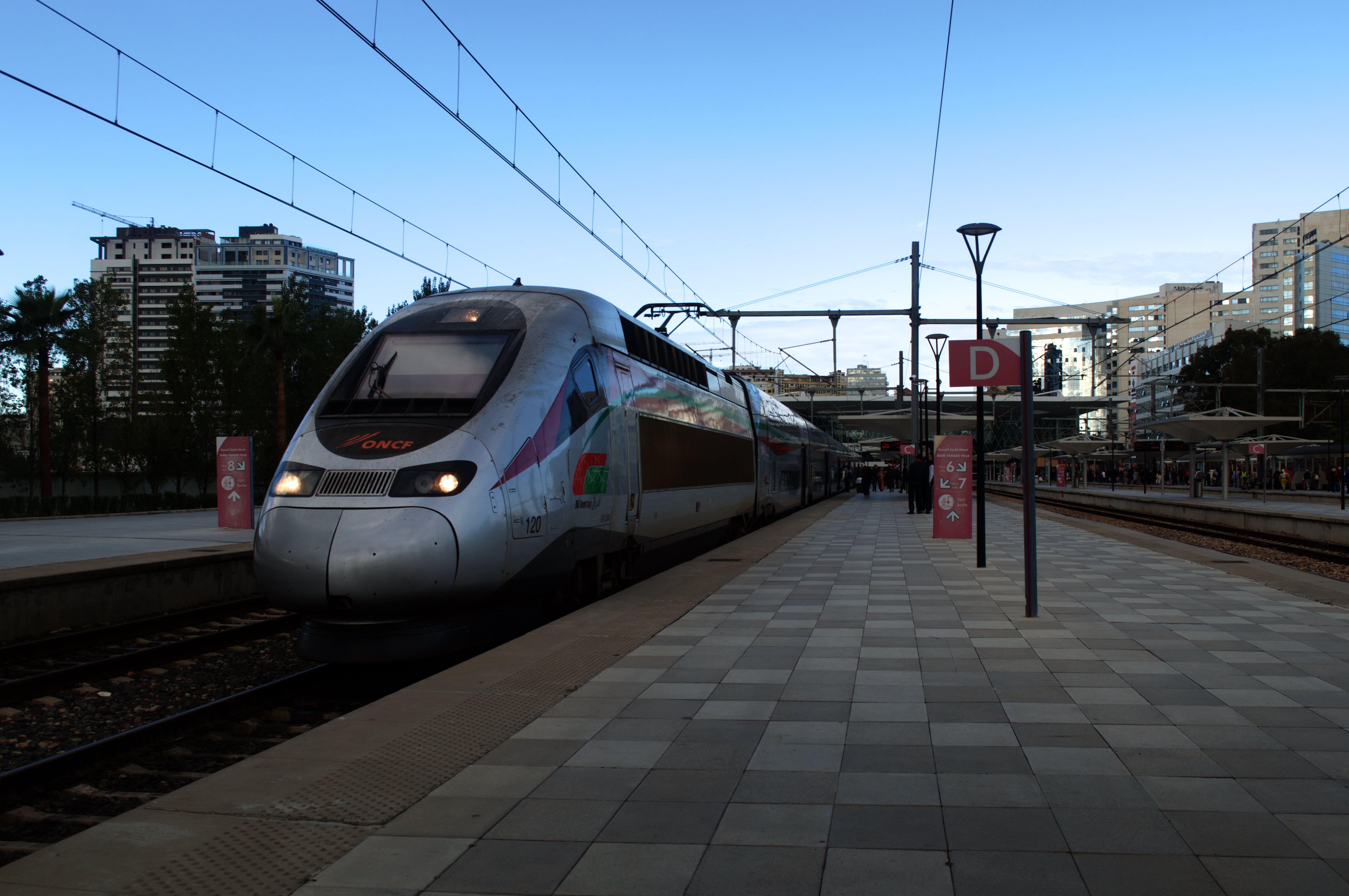 An Al Boraq high-speed train stands at Tangier Ville station.