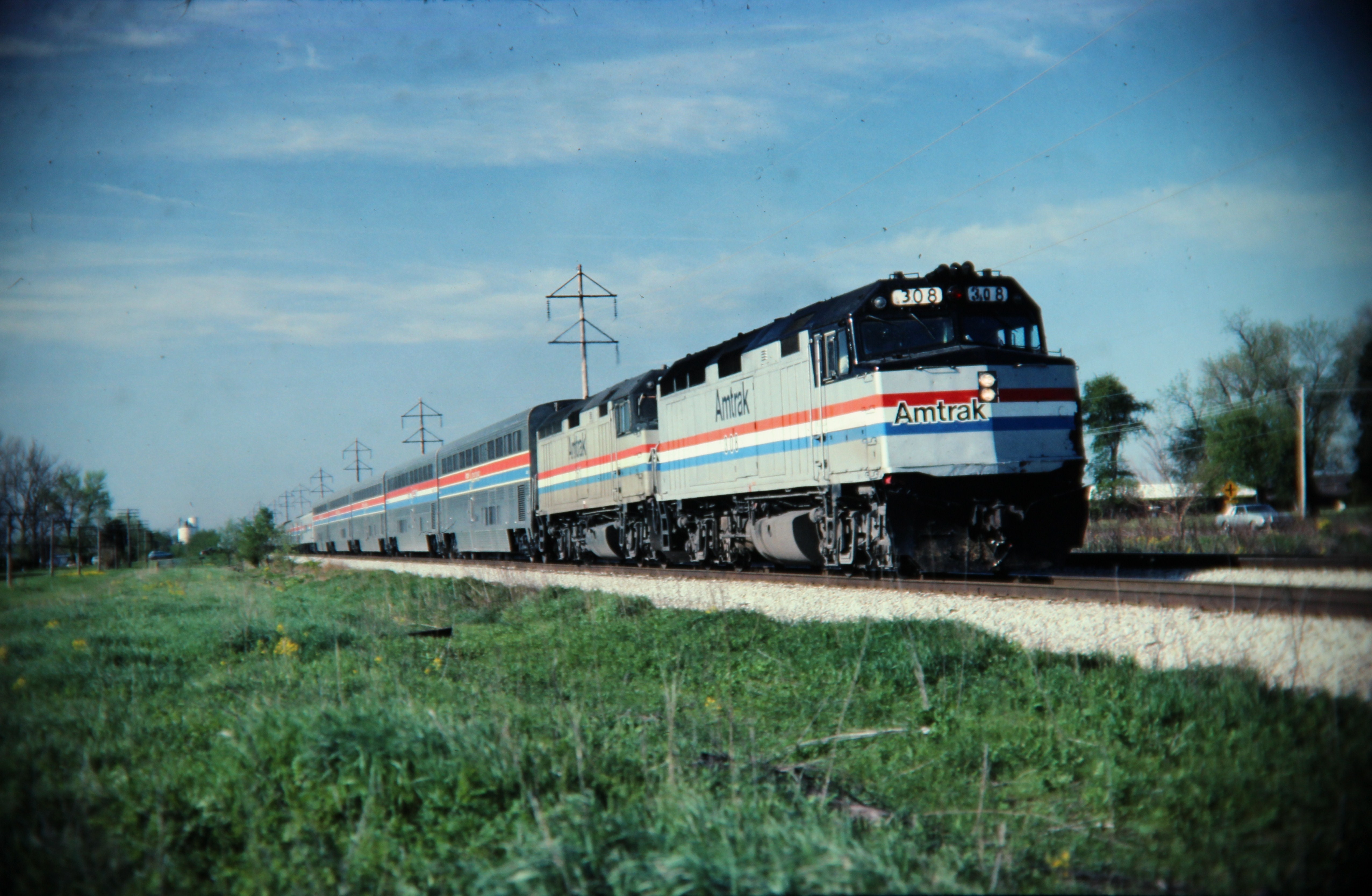 Amtrak's City of New Orleans crosses the Illinois landscape behind twin F40PH locomotives.