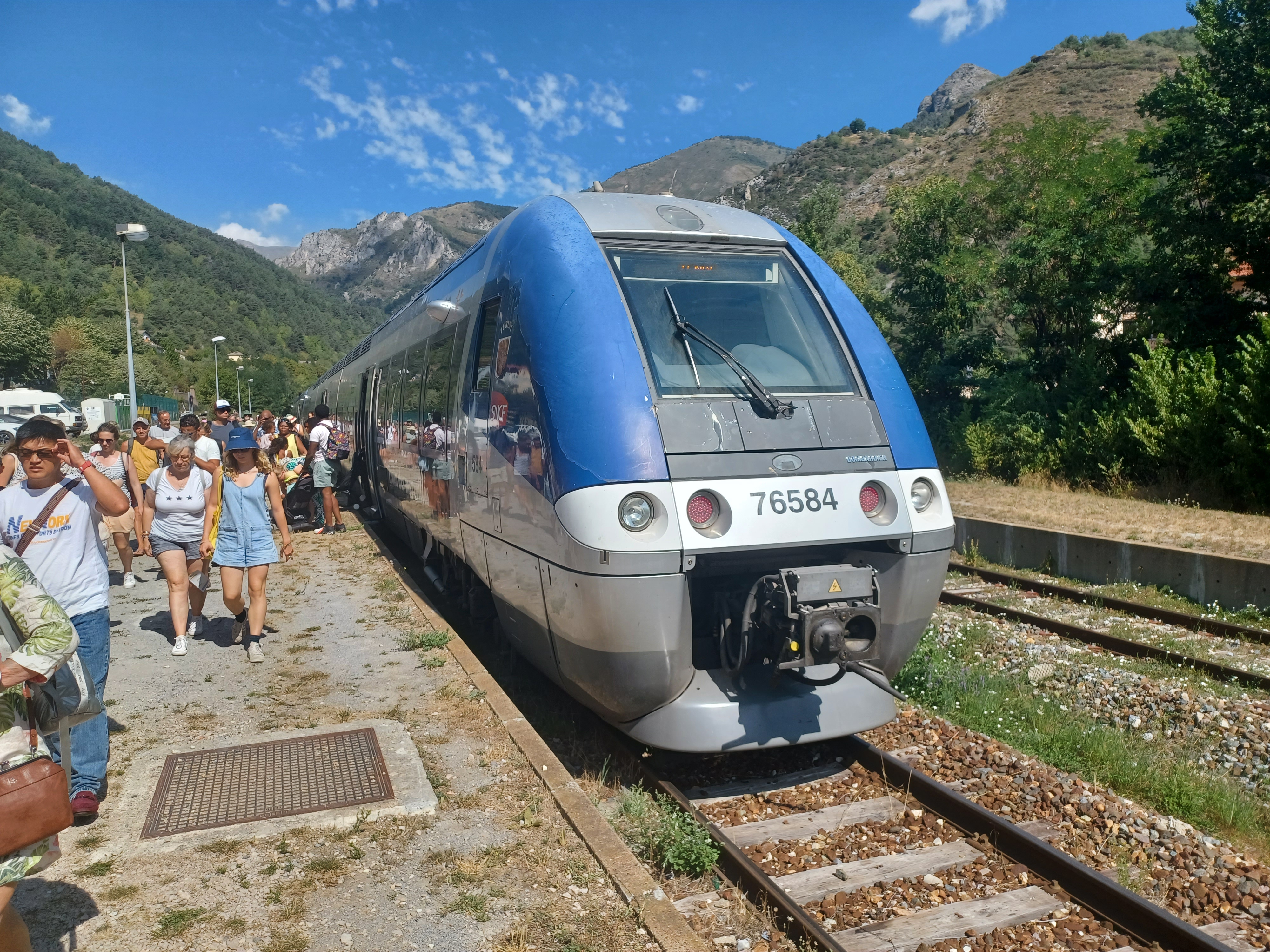 A Train des Merveilles railcar stands at Tende station in the mountainous Roya valley.