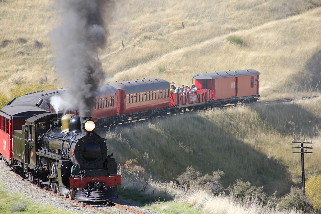 A Weka Pass Railway steam train crossing the North Canterbury tussock landscape.