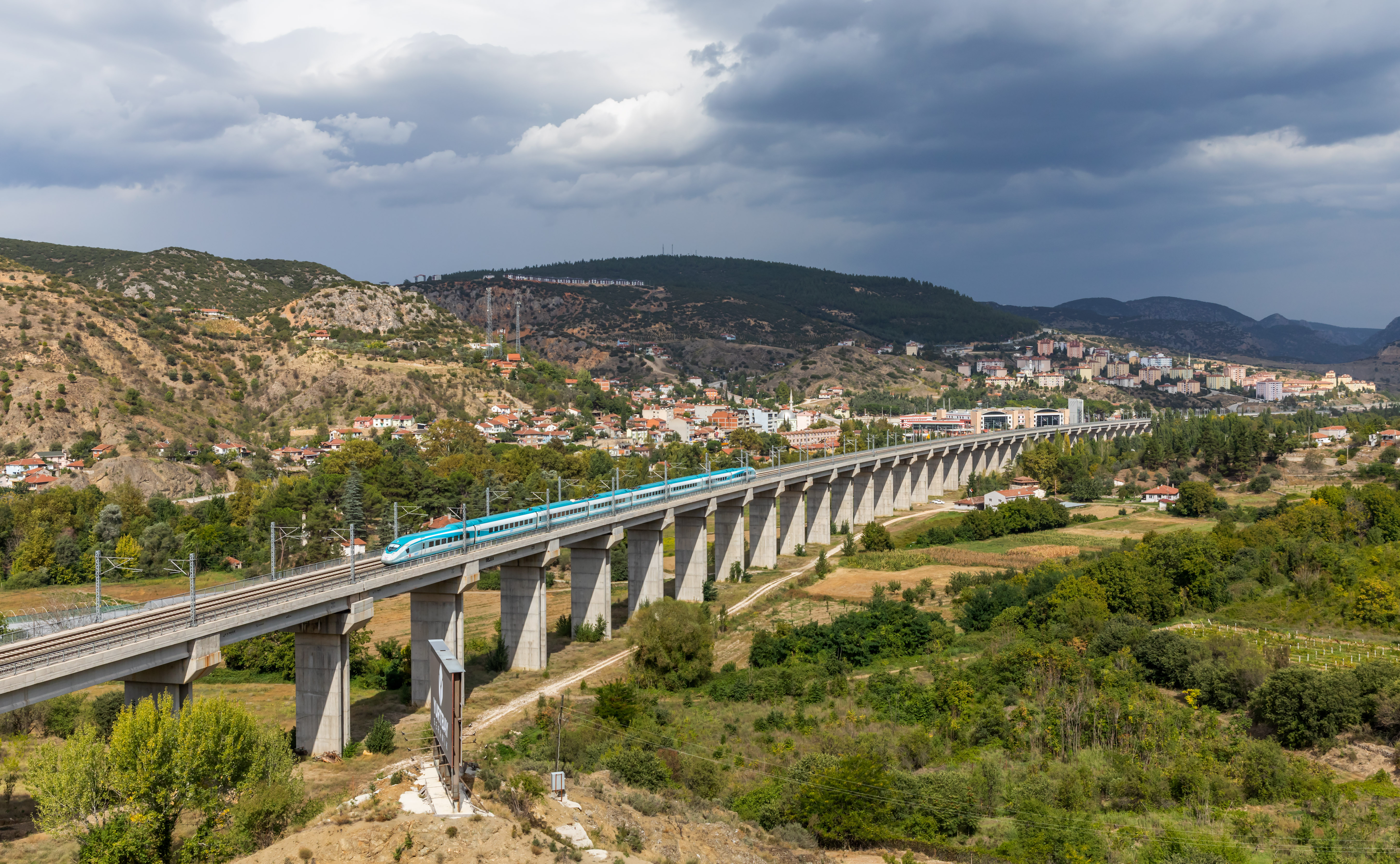 A TCDD HT80000 high-speed train on the viaduct at Bilecik on the Ankara-Istanbul line.