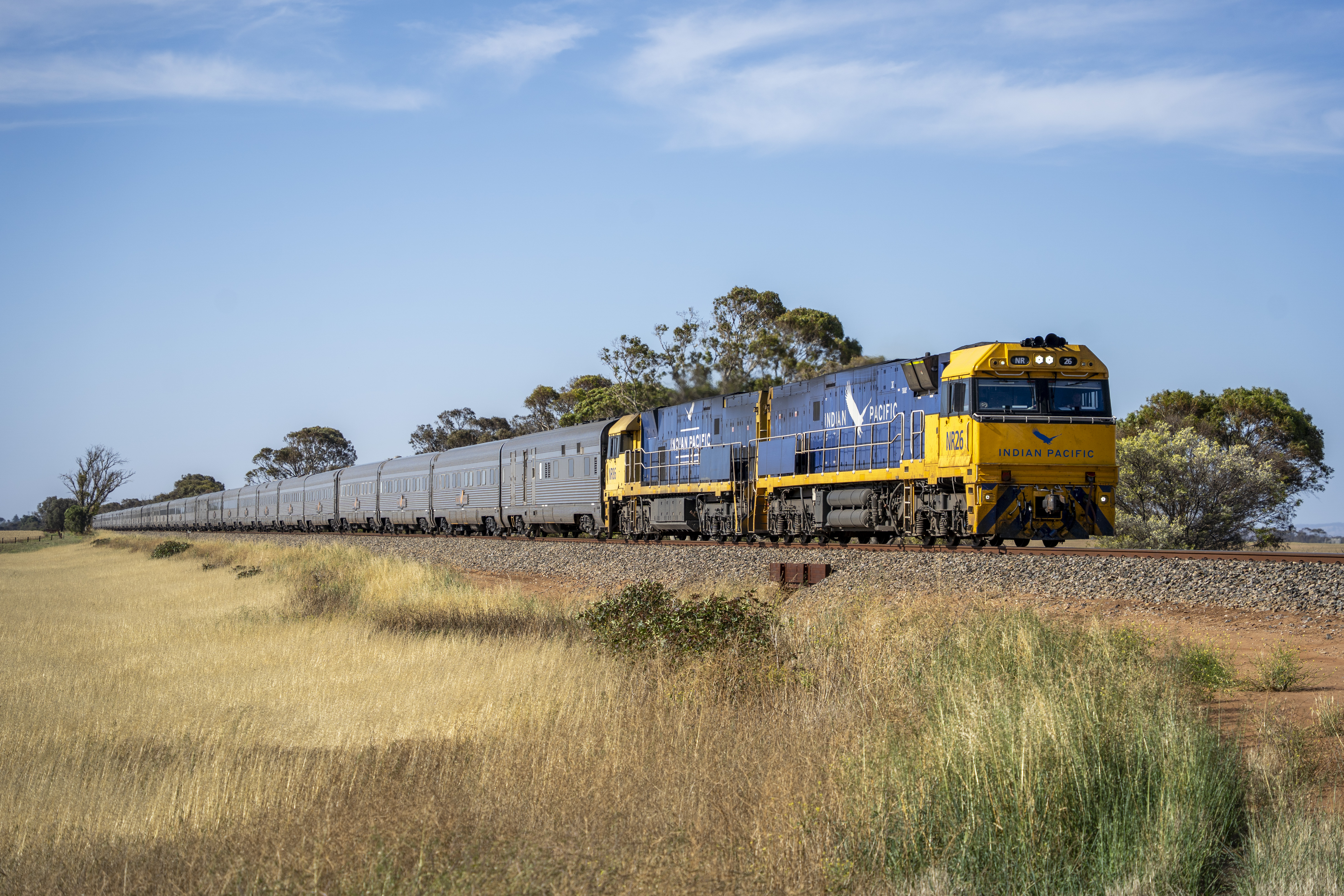 Indian Pacific passenger train travelling through Mallala, South Australia, on its Perth-to-Adelaide journey in November 2025.