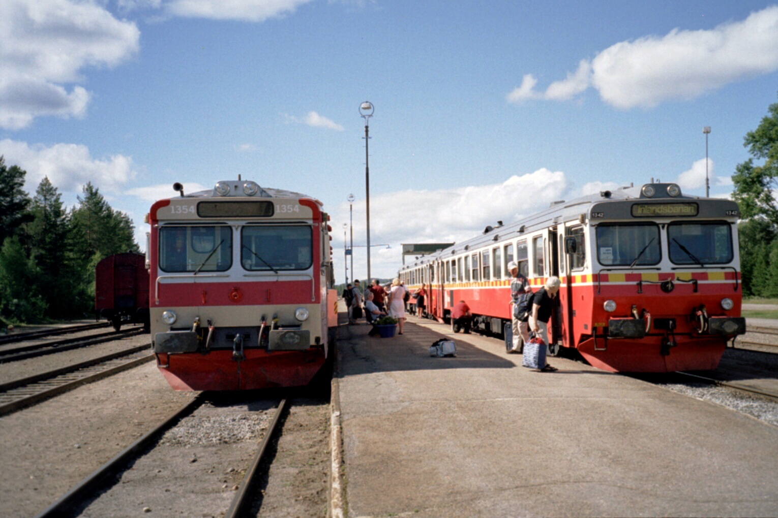 Two passenger trains meeting at Arvidsjaur on Sweden’s Inlandsbanan.