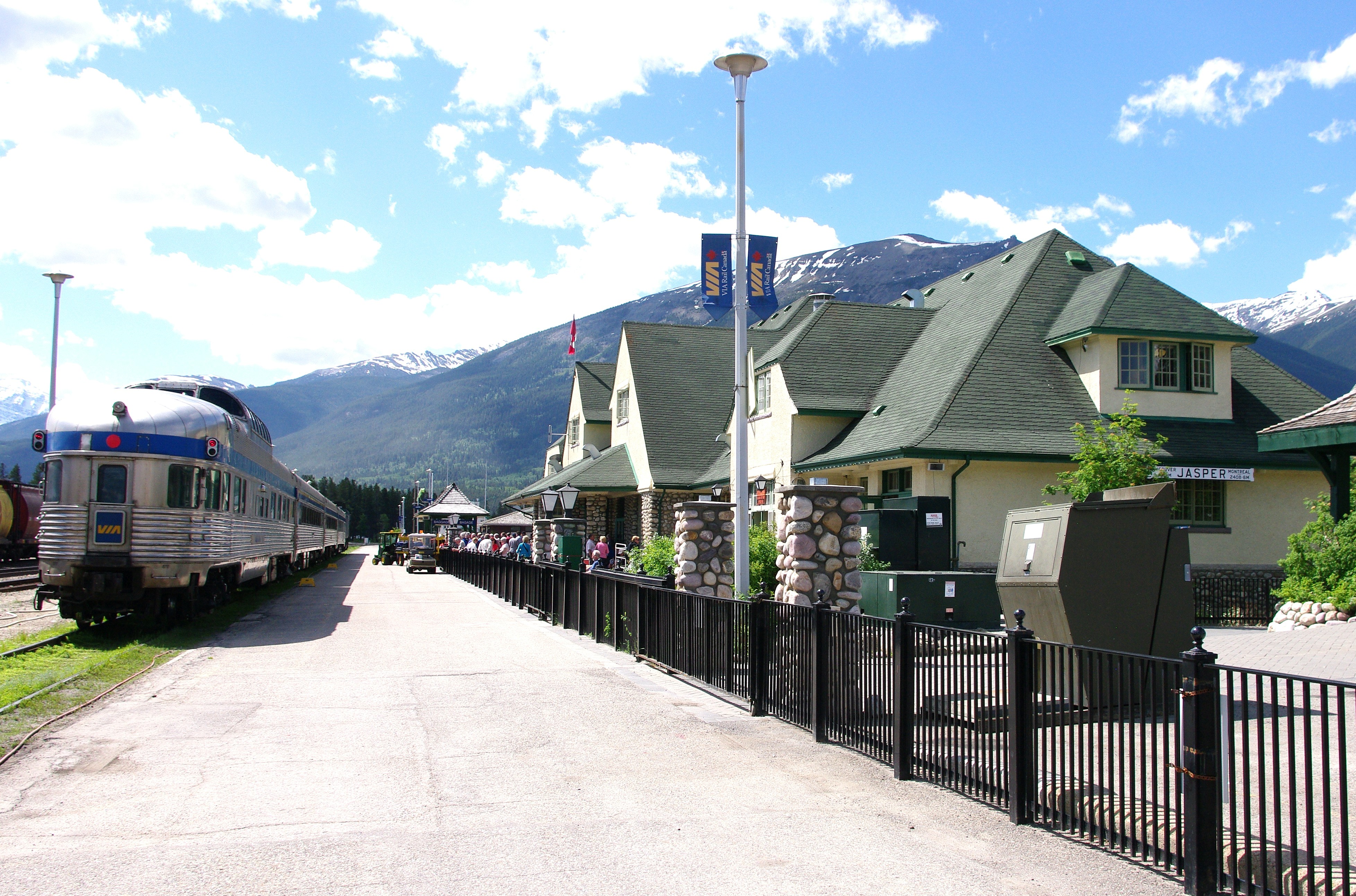 VIA Rail train at Jasper station preparing for the Jasper–Prince Rupert service in Alberta, Canada.