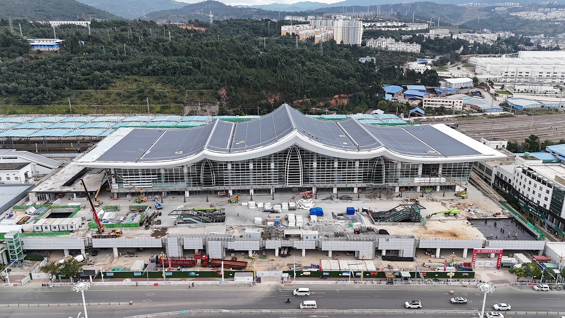 An aerial view of Dali Railway Station in Yunnan, China.