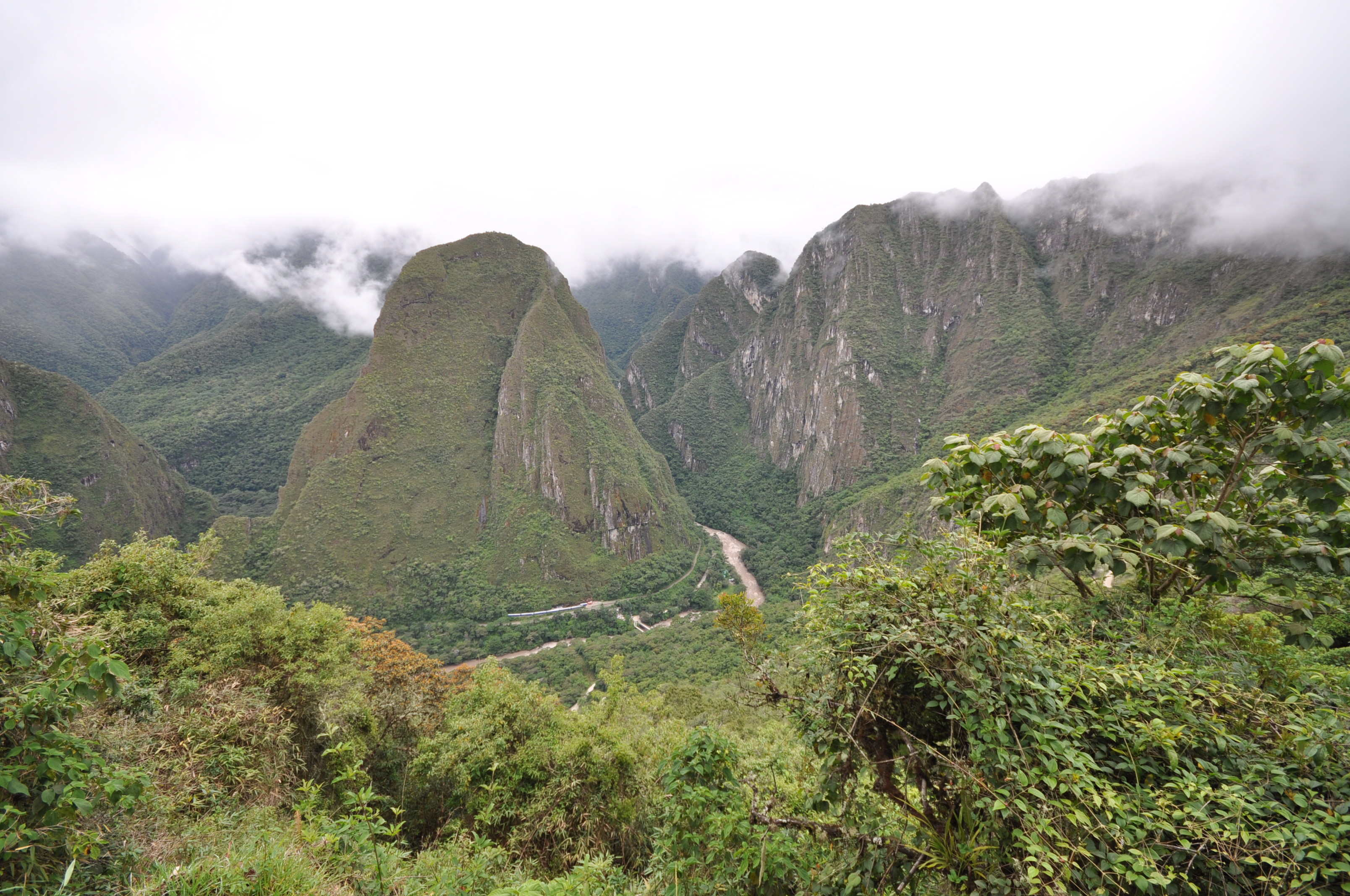 A PeruRail train beside the Urubamba River near Machu Picchu on the Vistadome Observatory route.