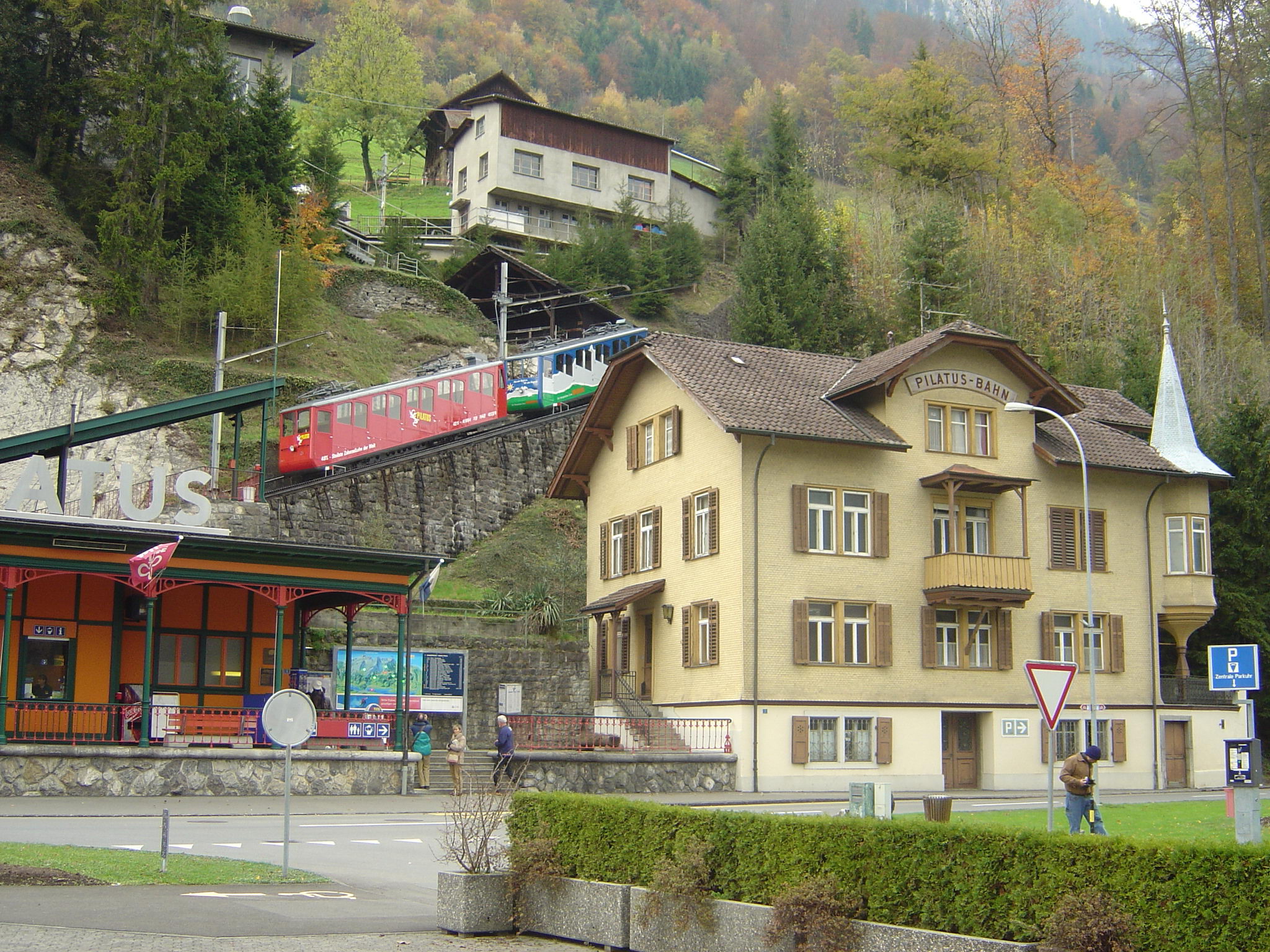 A Pilatus Railway cogwheel train climbing Mount Pilatus in Switzerland.