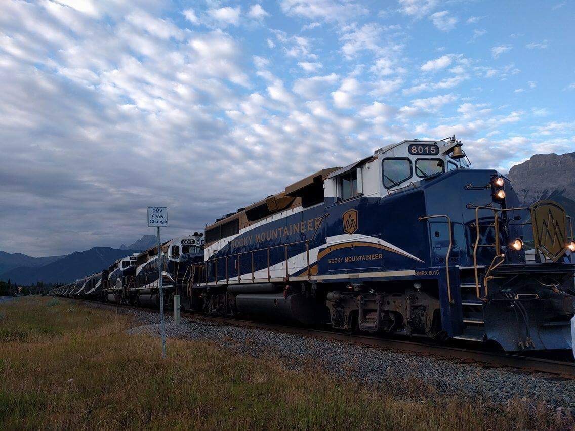 A Rocky Mountaineer passenger train photographed at Canmore, Alberta, Canada.