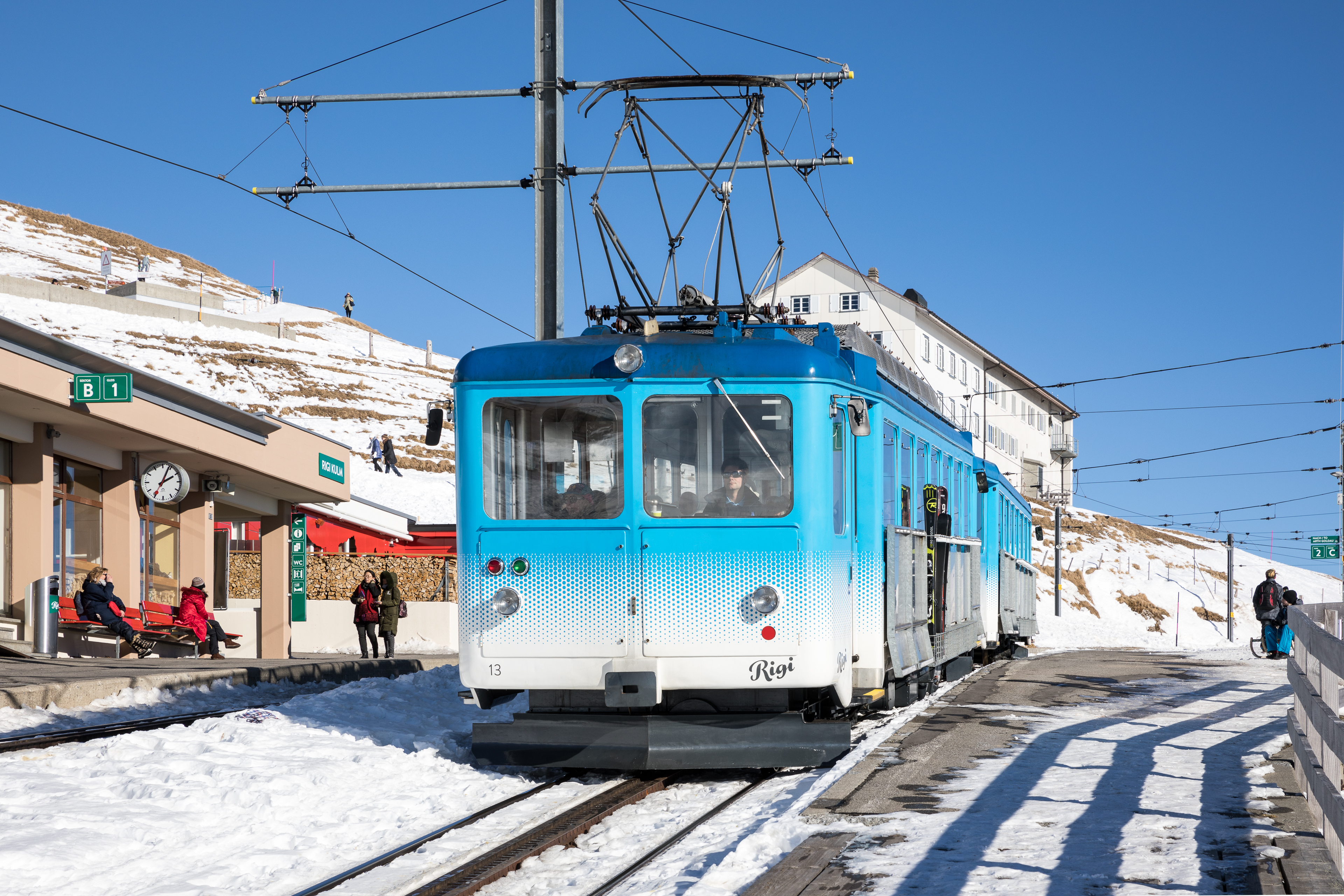 An Arth–Rigi Railway train at Rigi Kulm station in Switzerland.