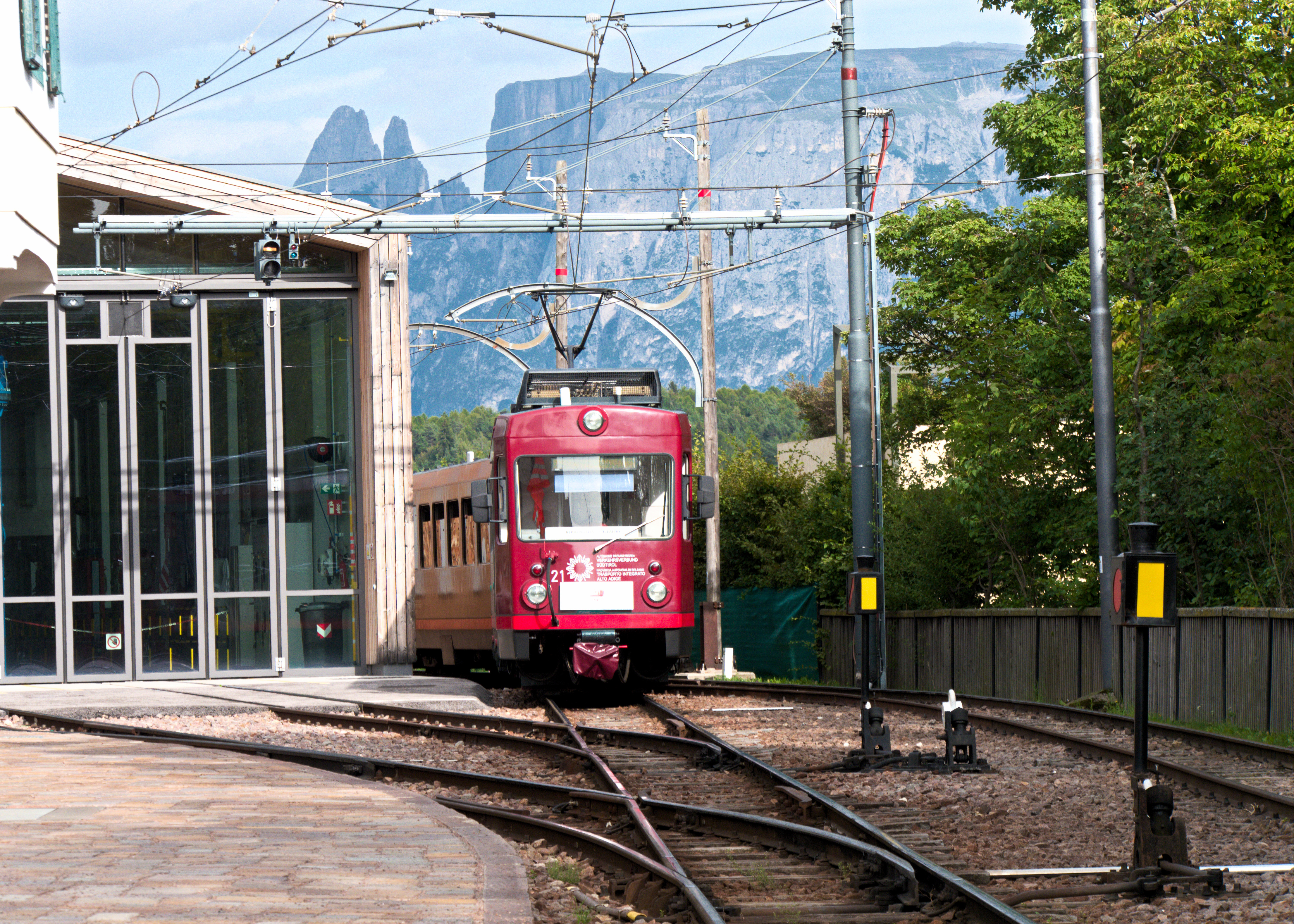 A Ritten Railway train departing Oberbozen station on the Ritten plateau in South Tyrol.