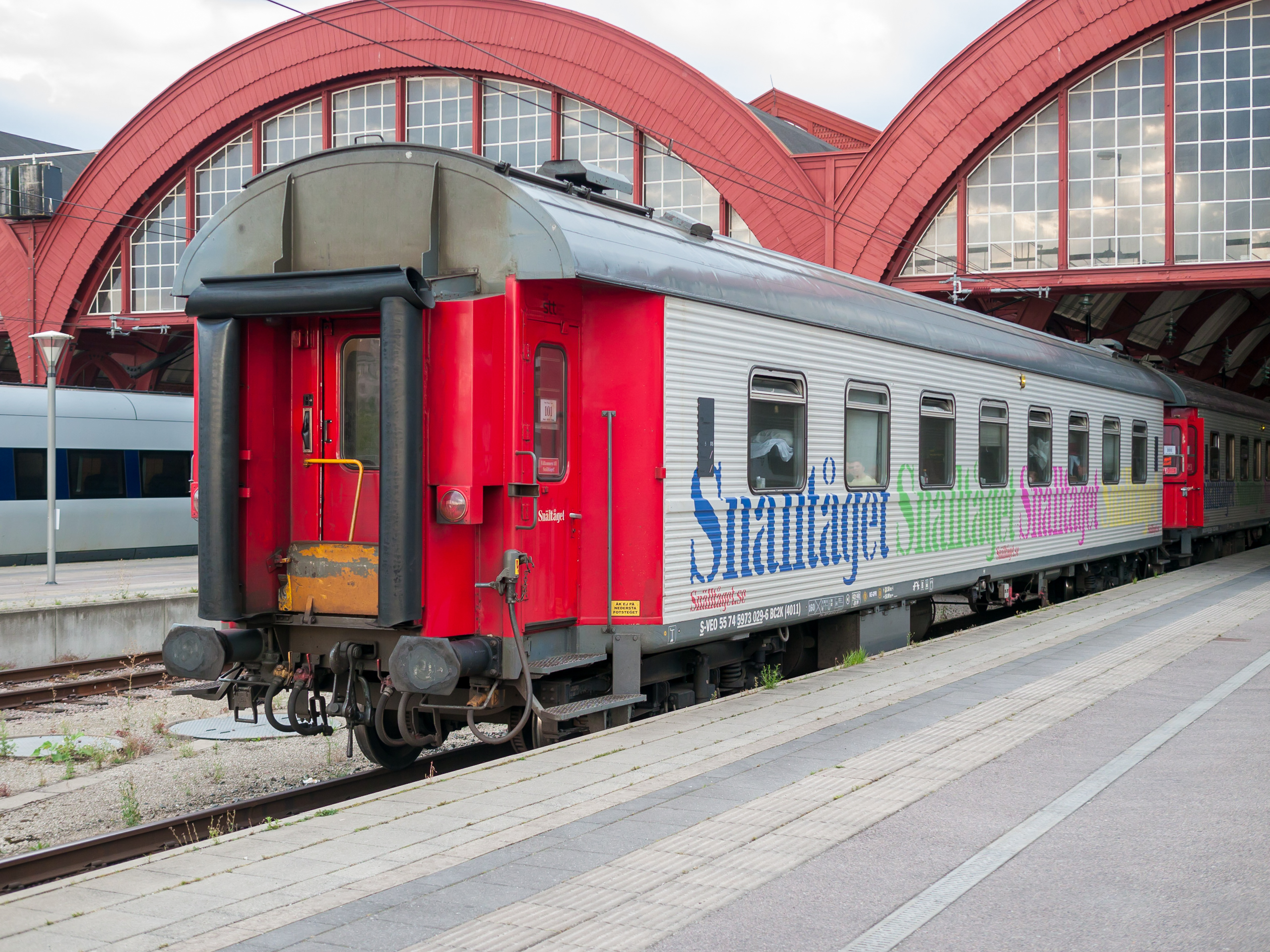 A Snälltåget couchette coach at Malmö Central Station in Sweden.
