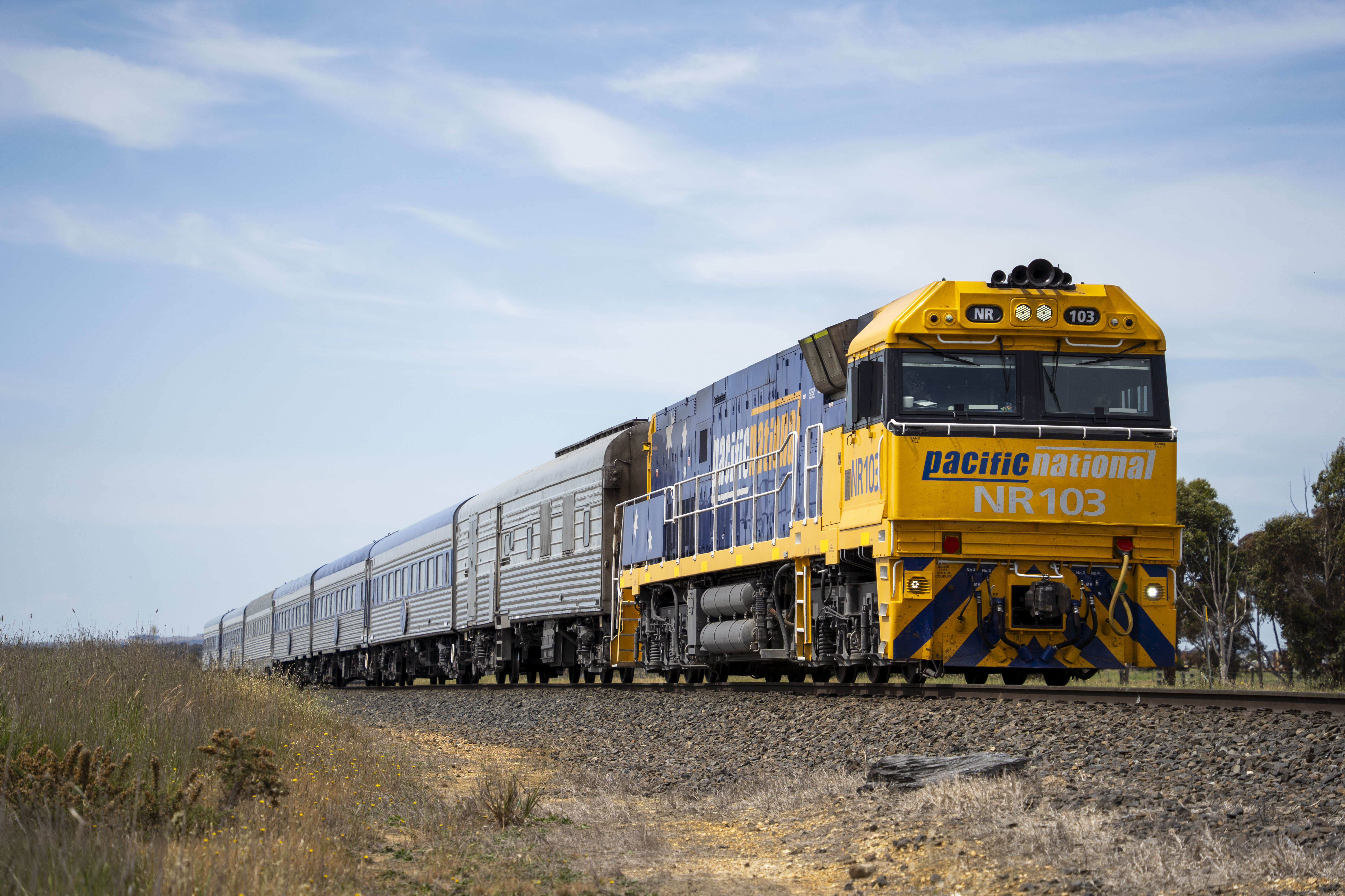 The Overland passenger train approaching Ararat, Victoria, on the Melbourne–Adelaide route in November 2023.