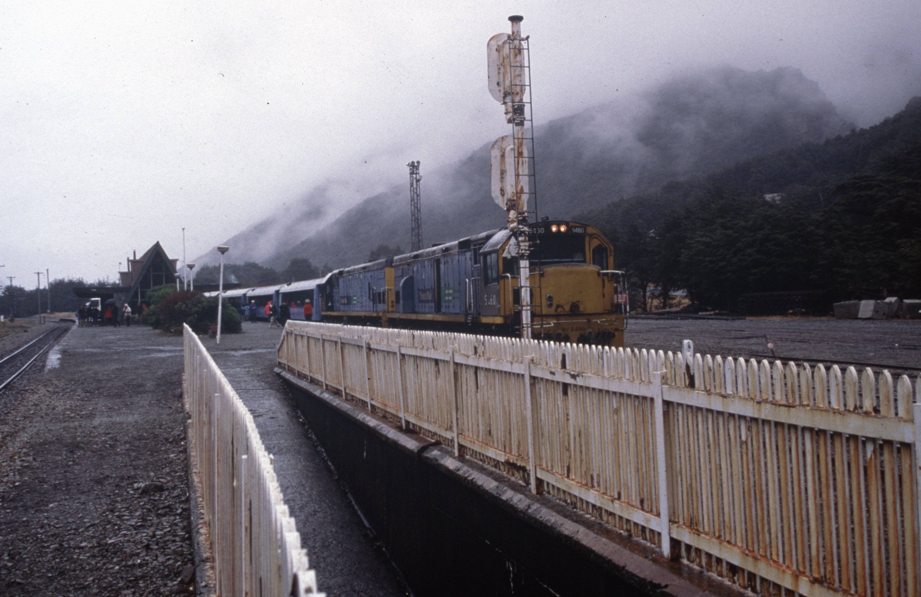 The TranzAlpine train at Arthur's Pass in New Zealand's Southern Alps.