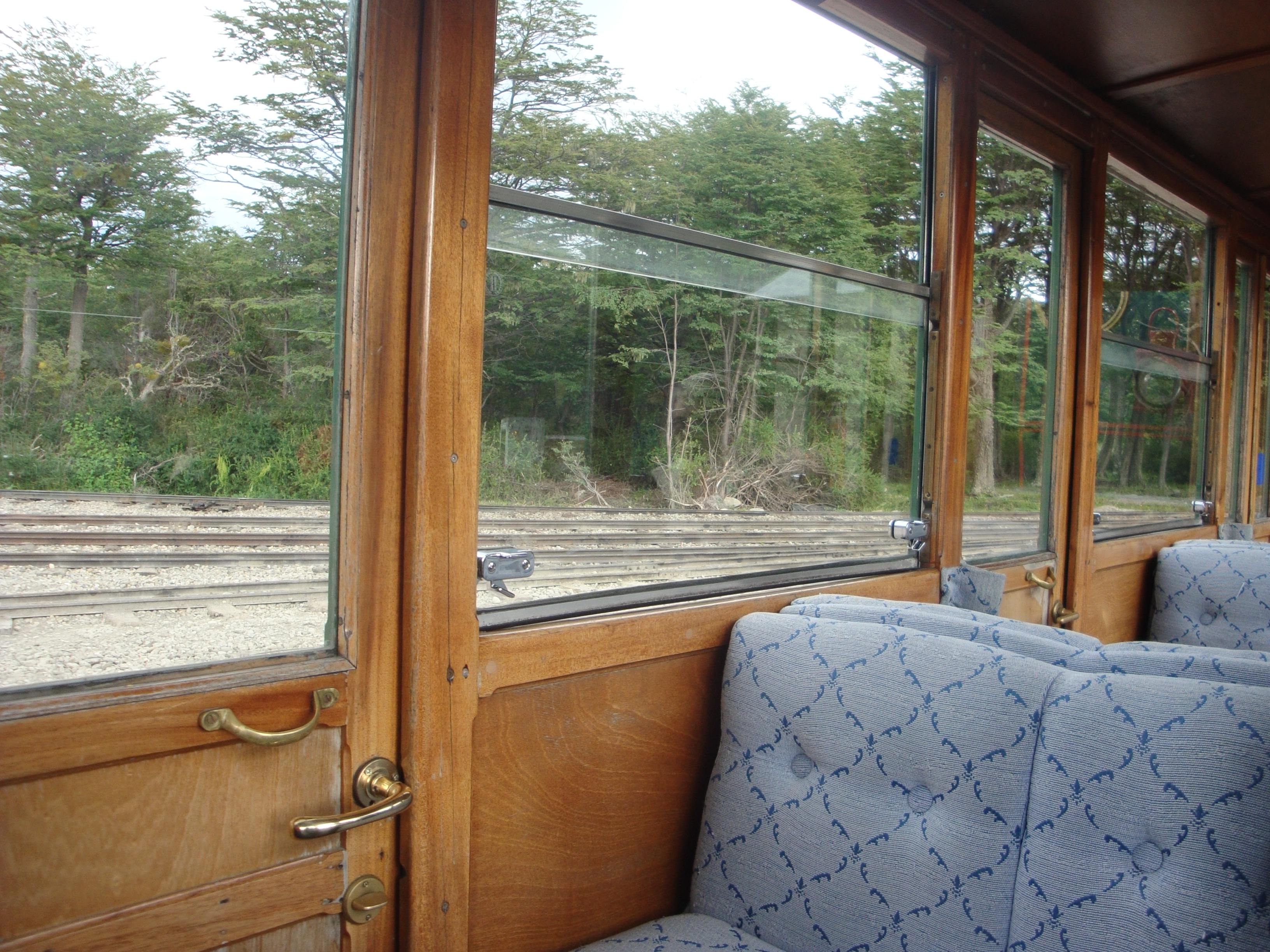 Interior of a passenger carriage on the Tren del Fin del Mundo in Ushuaia, Argentina.