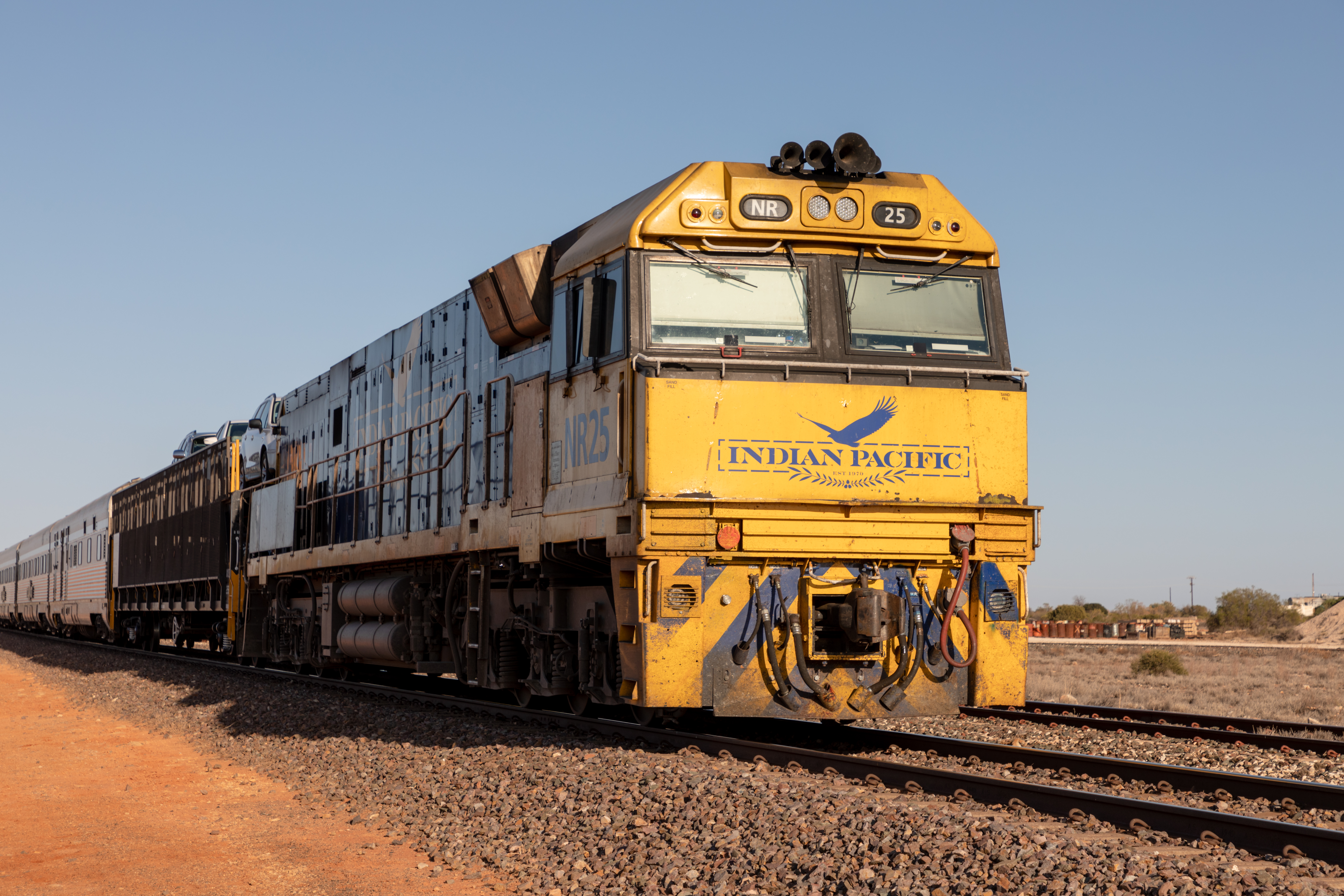 The Indian Pacific locomotive and train at Rawlinna in Western Australia.