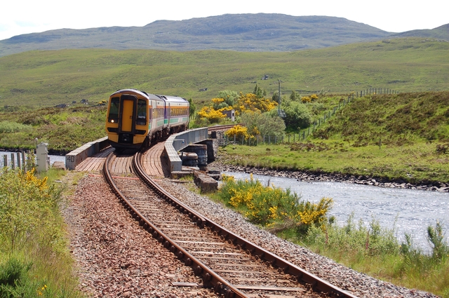 A passenger train travelling toward Kyle of Lochalsh in Scotland.