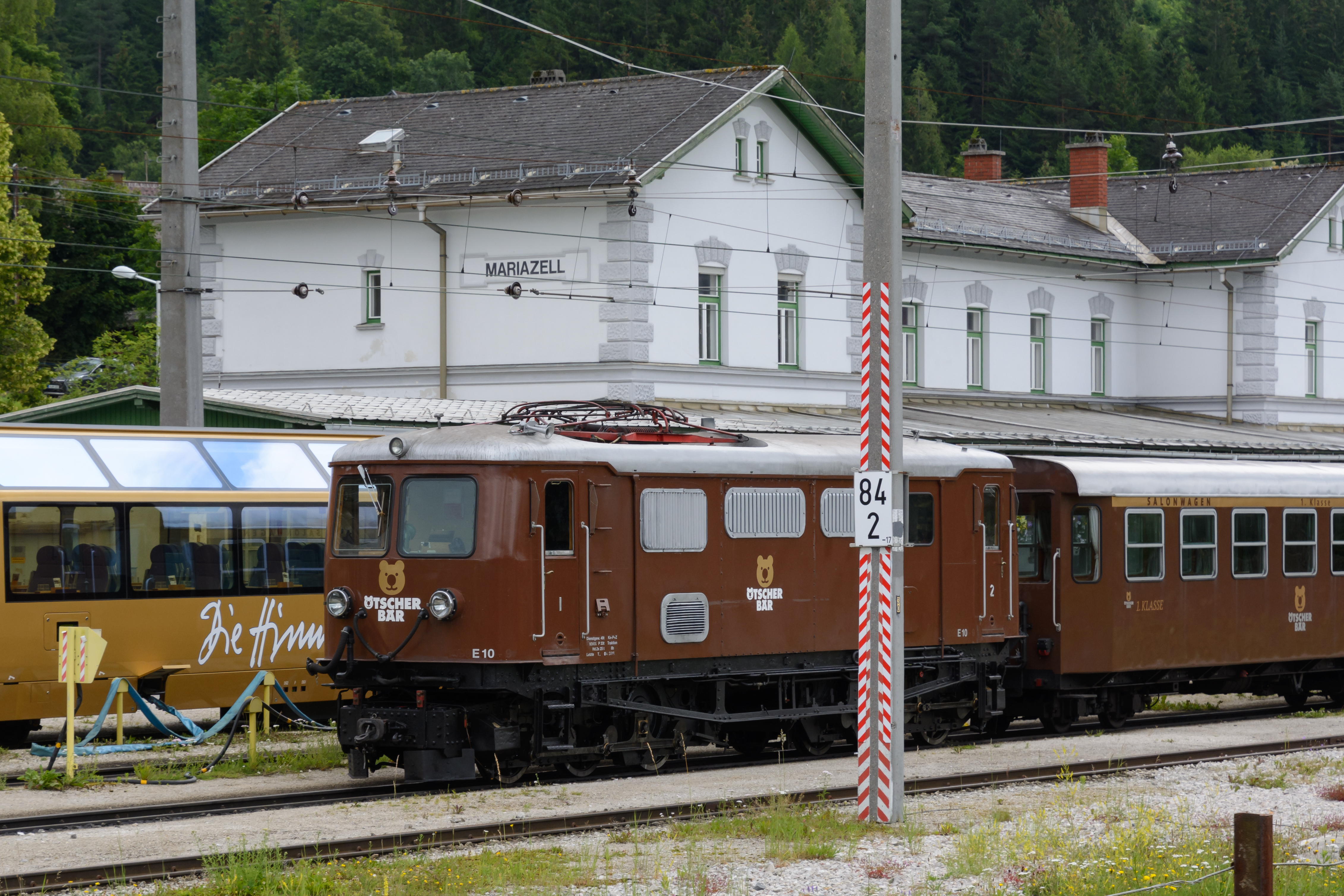 The Mariazellerbahn 'Ötscherbär' railcar operates on the narrow-gauge line in Lower Austria.