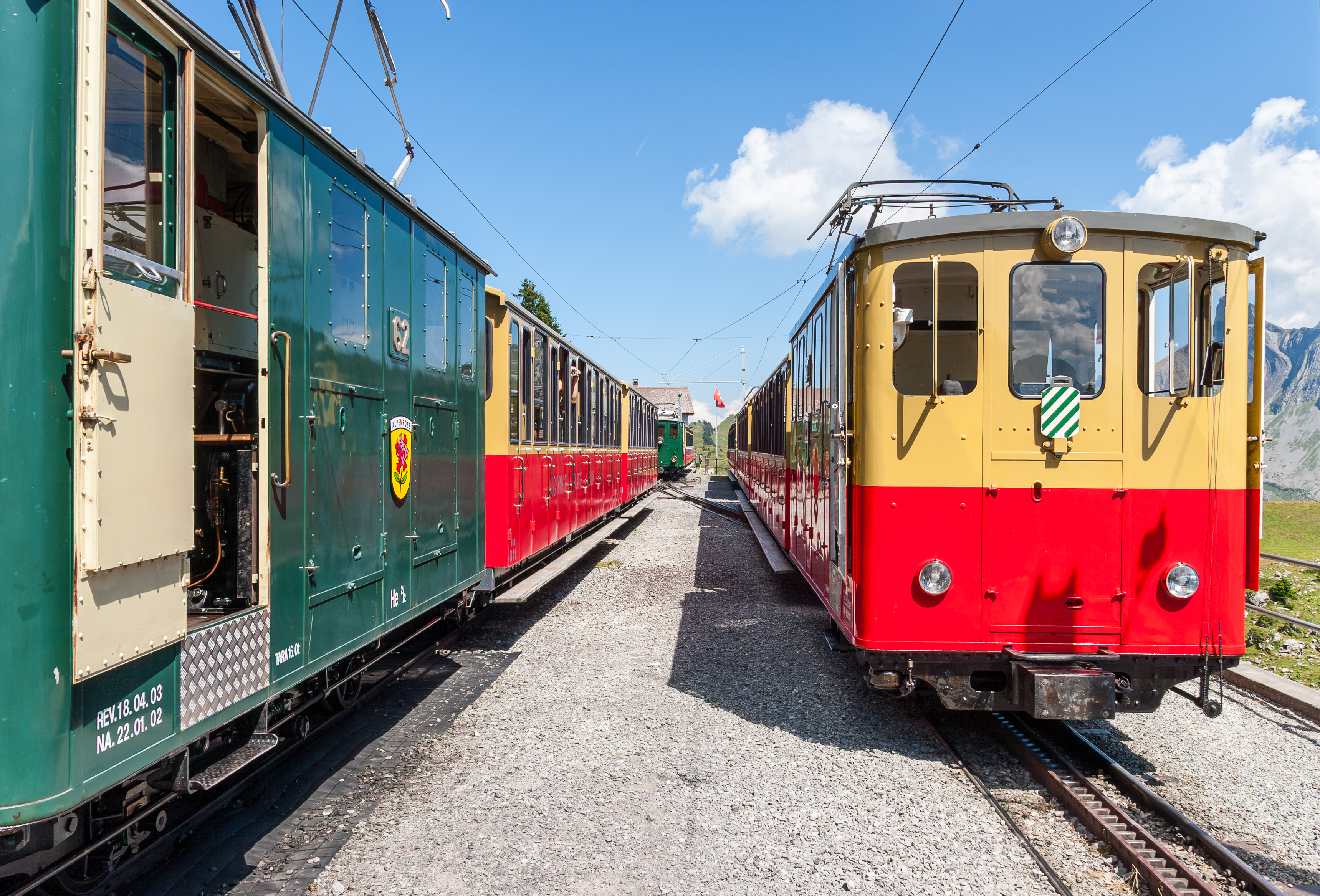 Schynige Platte Railway trains at the mountain terminus.