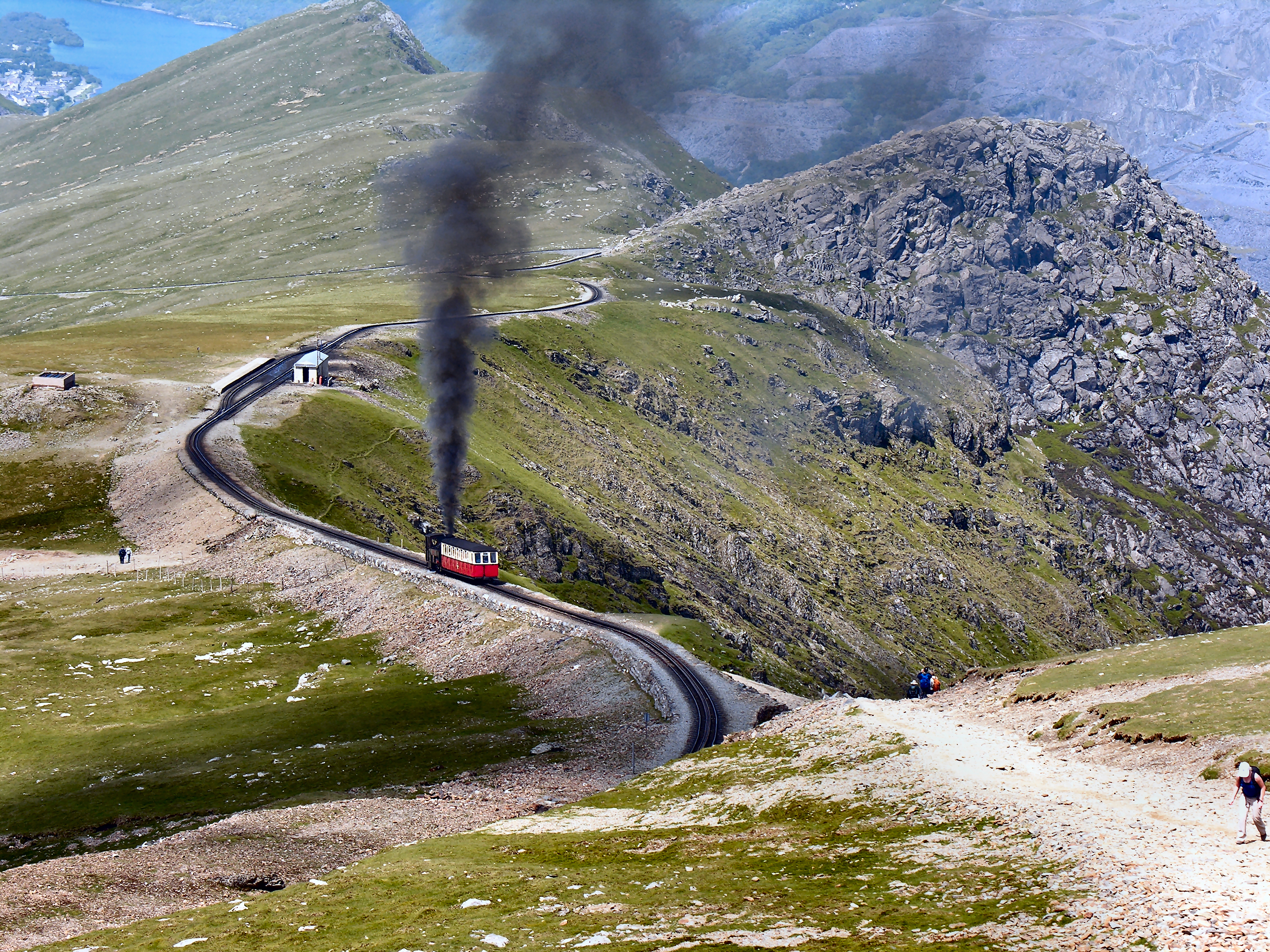 A steam train at Clogwyn station on the Snowdon Mountain Railway.